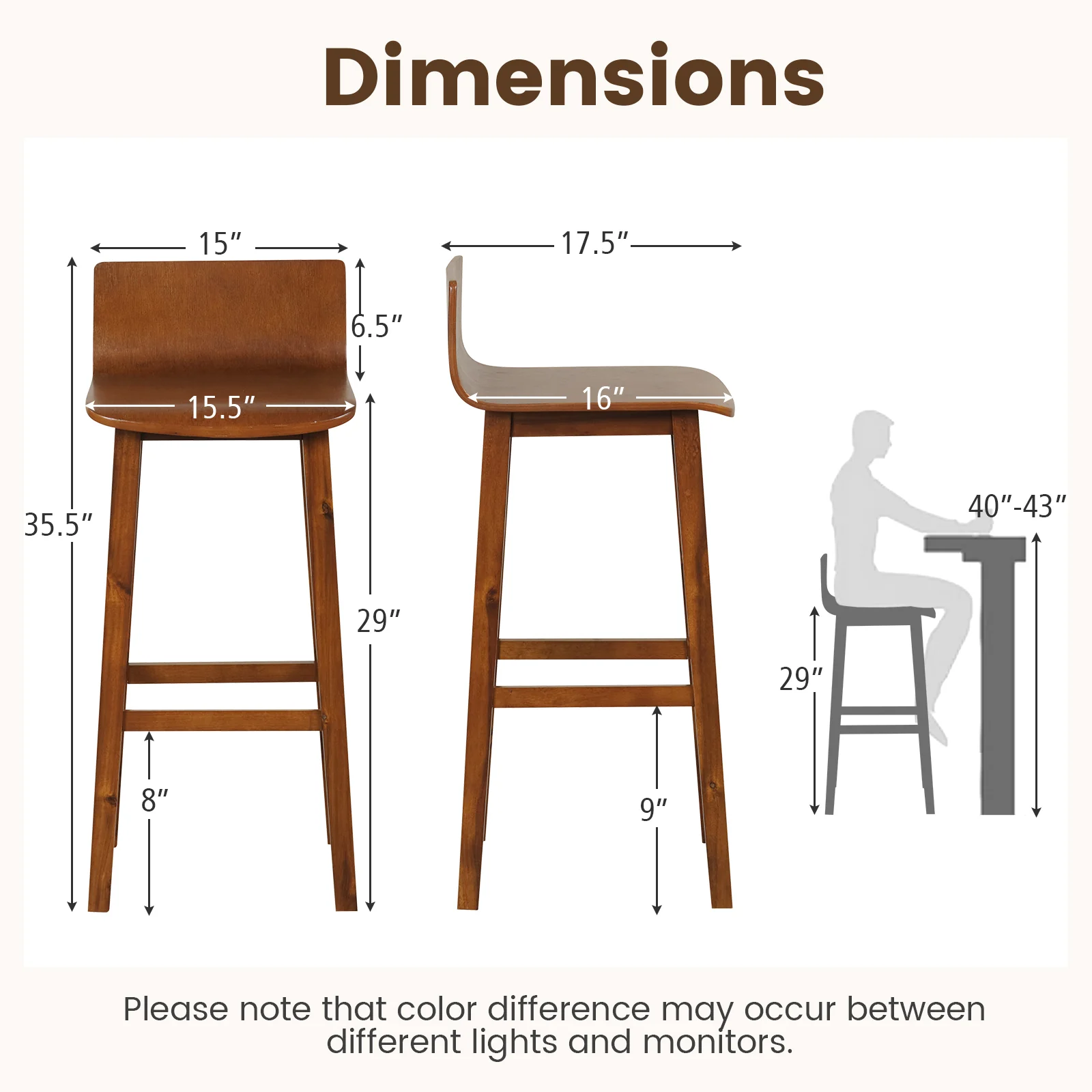 29 Inch Wood Bar Stools, Set of 2, Solid Back and Seat, Walnut - Image 5