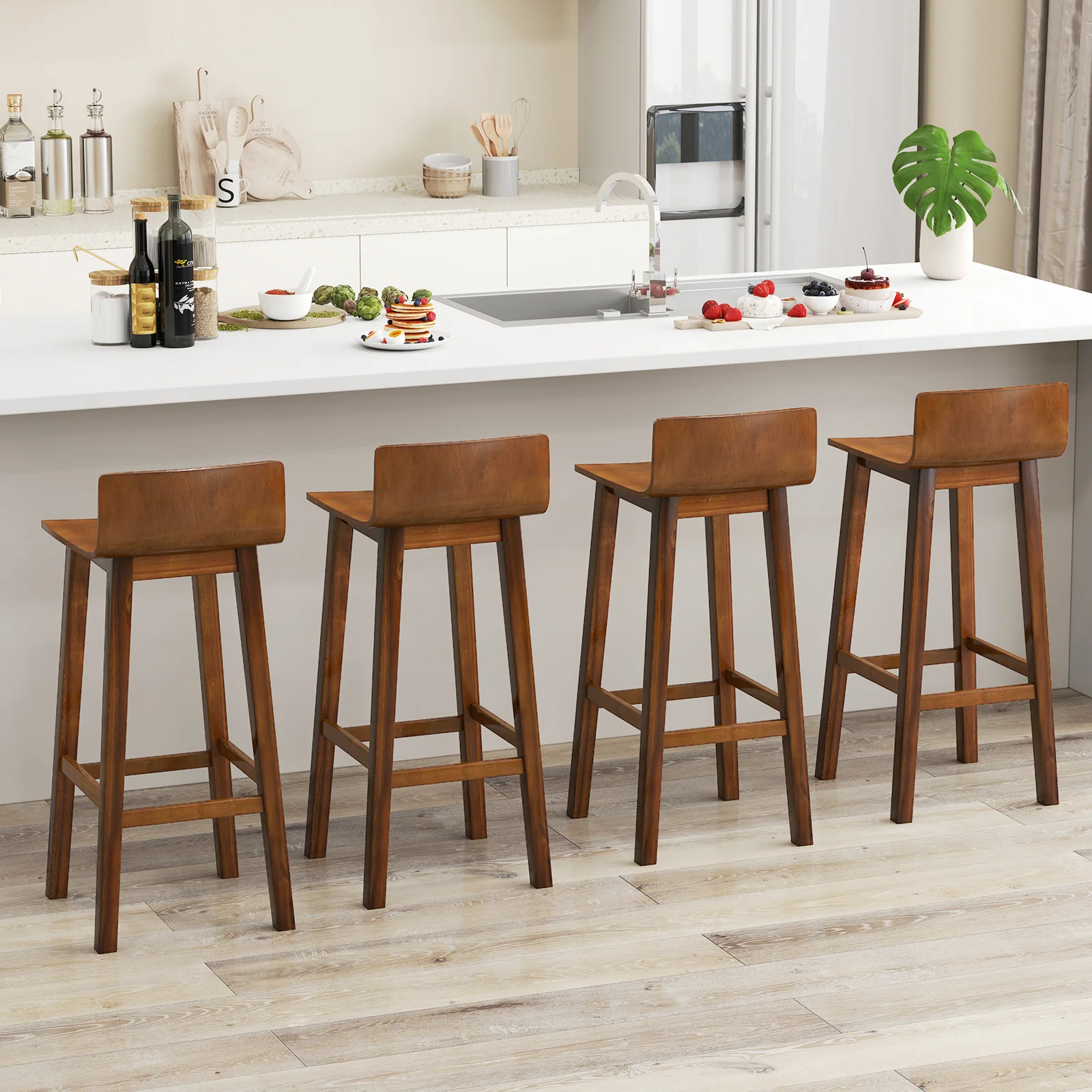 29 Inch Wood Bar Stools, Set of 2, Solid Back and Seat, Walnut - Image 6