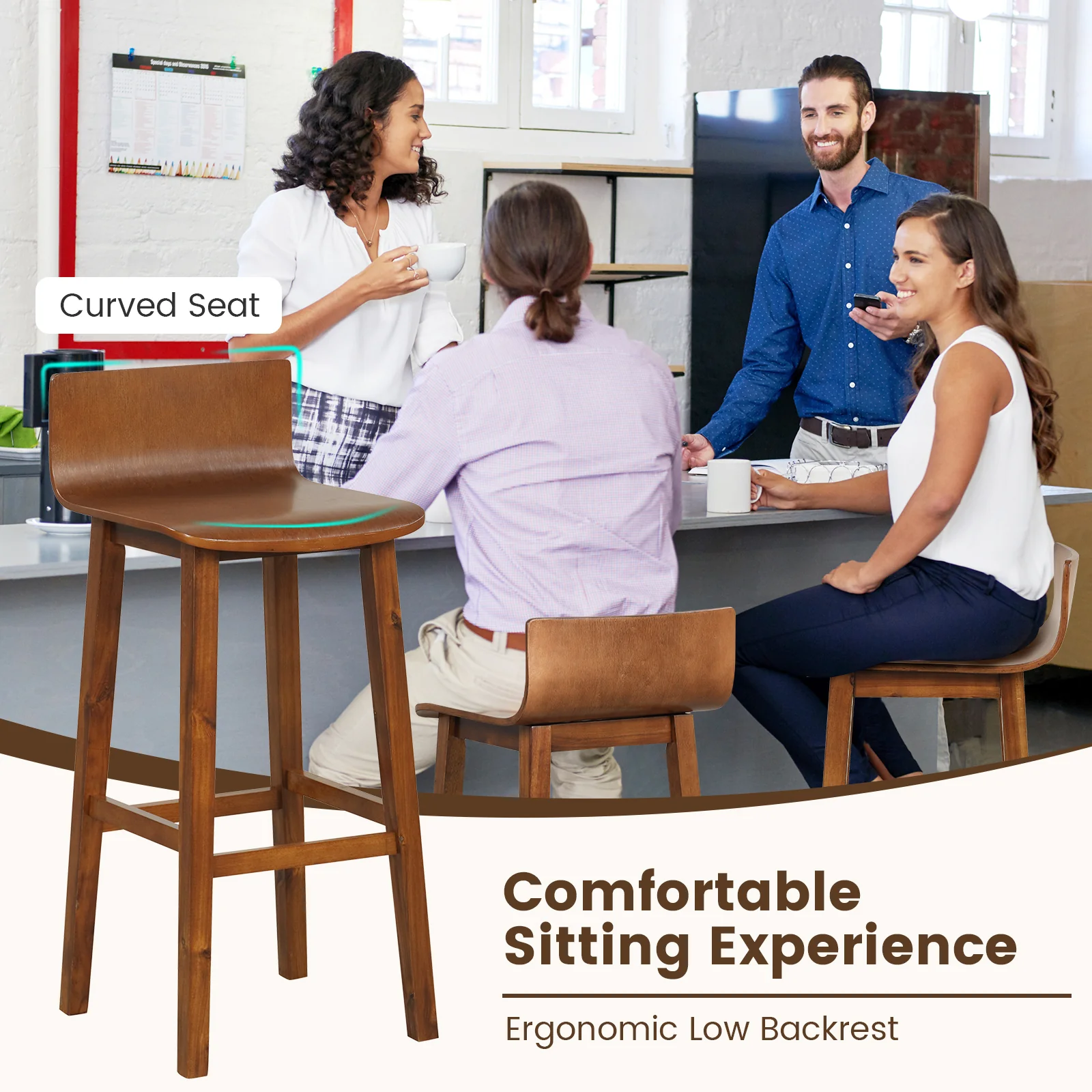 29 Inch Wood Bar Stools, Set of 2, Solid Back and Seat, Walnut - Image 8