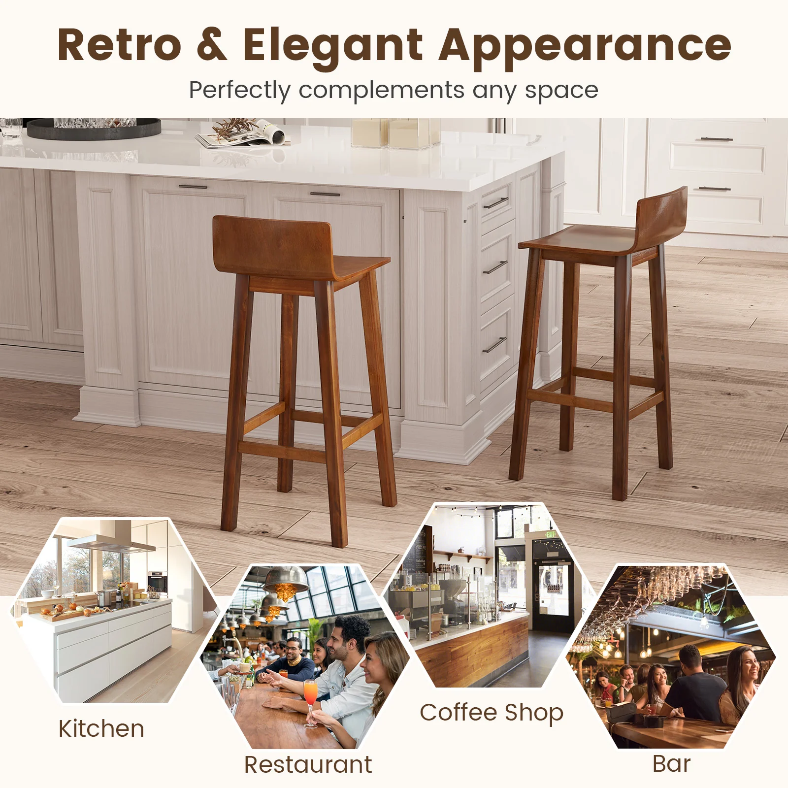 29 Inch Wood Bar Stools, Set of 2, Solid Back and Seat, Walnut - Image 9