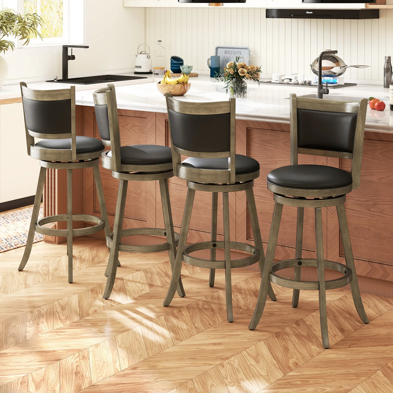 29 Inch Wooden Swivel Bar Stool, PVC Cushioned Seat, Gray - Image 10