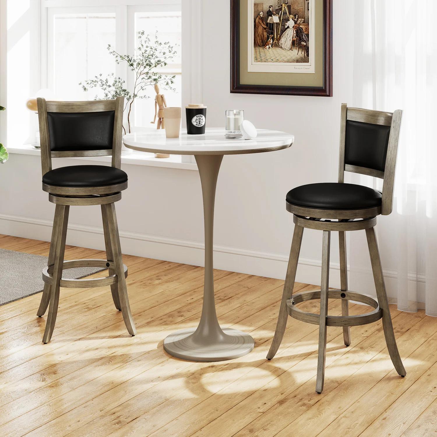 29 Inch Wooden Swivel Bar Stool, PVC Cushioned Seat, Gray - Image 2