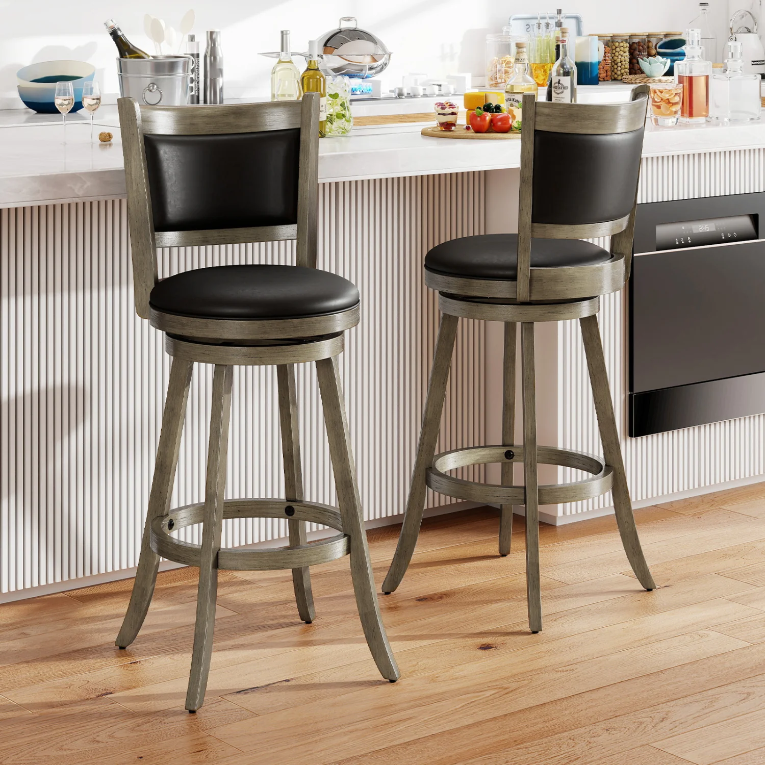 29 Inch Wooden Swivel Bar Stool, PVC Cushioned Seat, Gray - Image 3