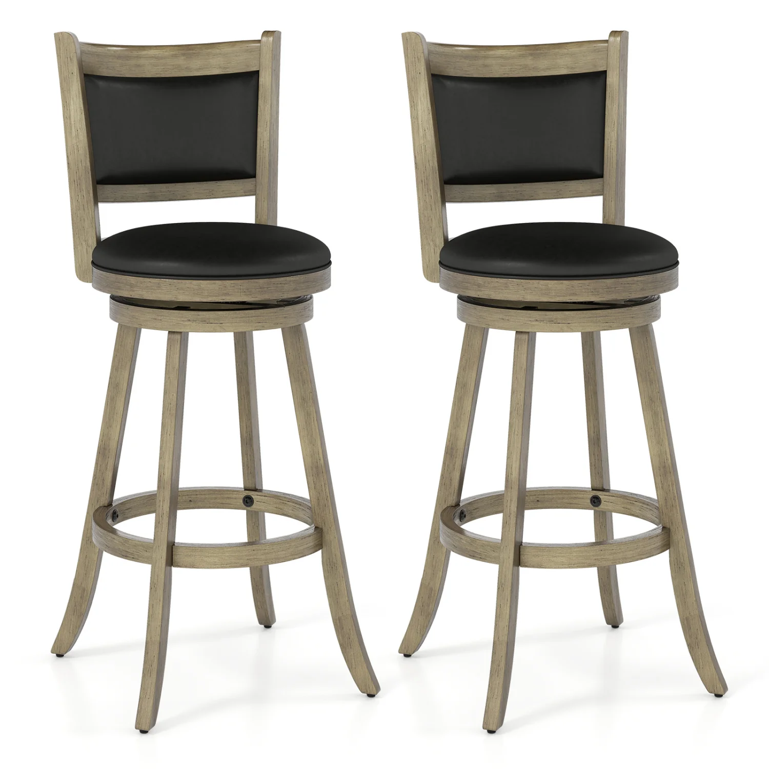 29 Inch Wooden Swivel Bar Stool, PVC Cushioned Seat, Gray - Image 4