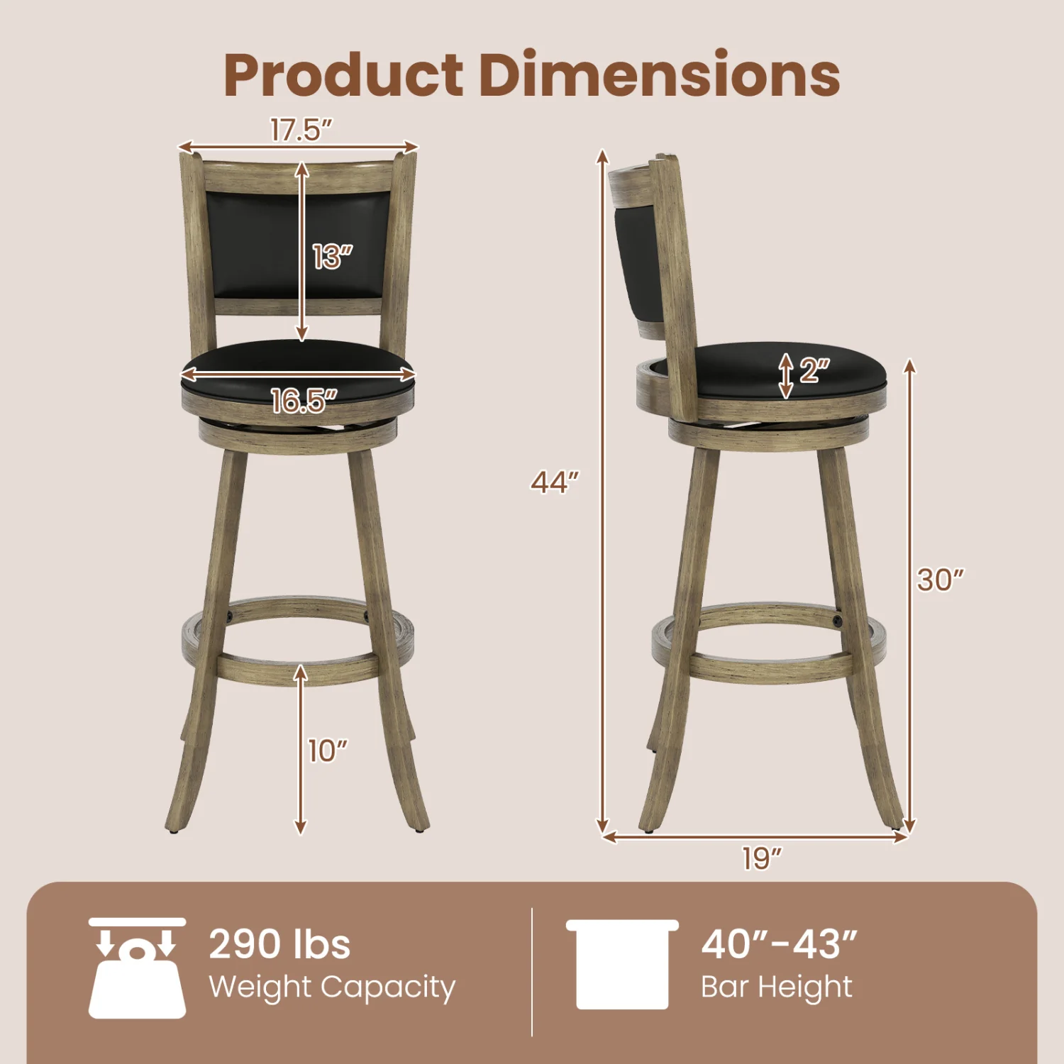 29 Inch Wooden Swivel Bar Stool, PVC Cushioned Seat, Gray - Image 5