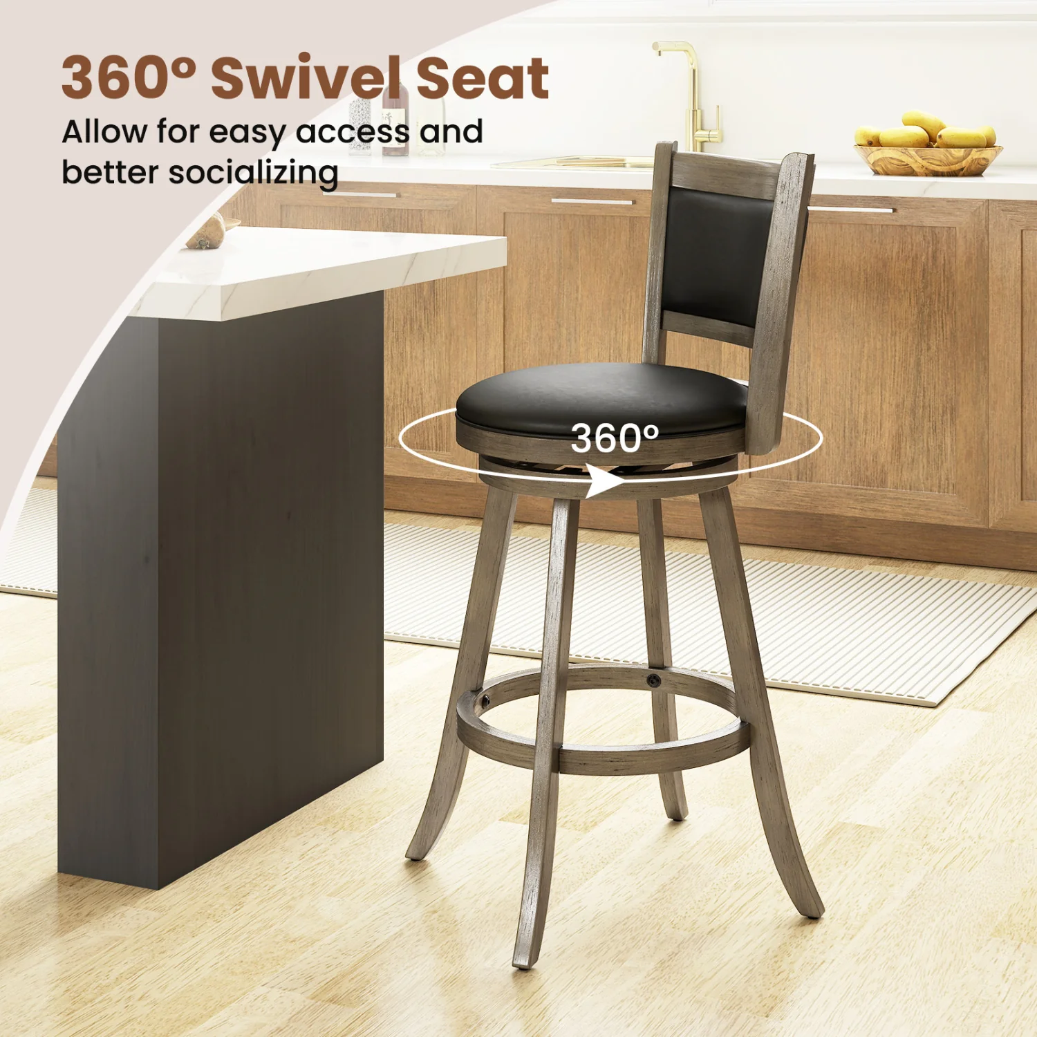 29 Inch Wooden Swivel Bar Stool, PVC Cushioned Seat, Gray - Image 6