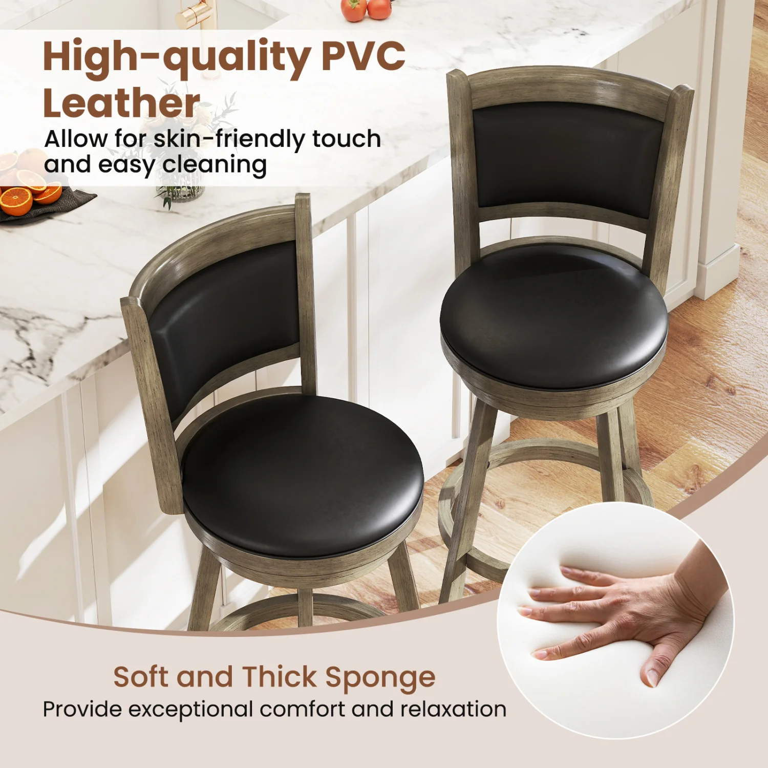 29 Inch Wooden Swivel Bar Stool, PVC Cushioned Seat, Gray - Image 7