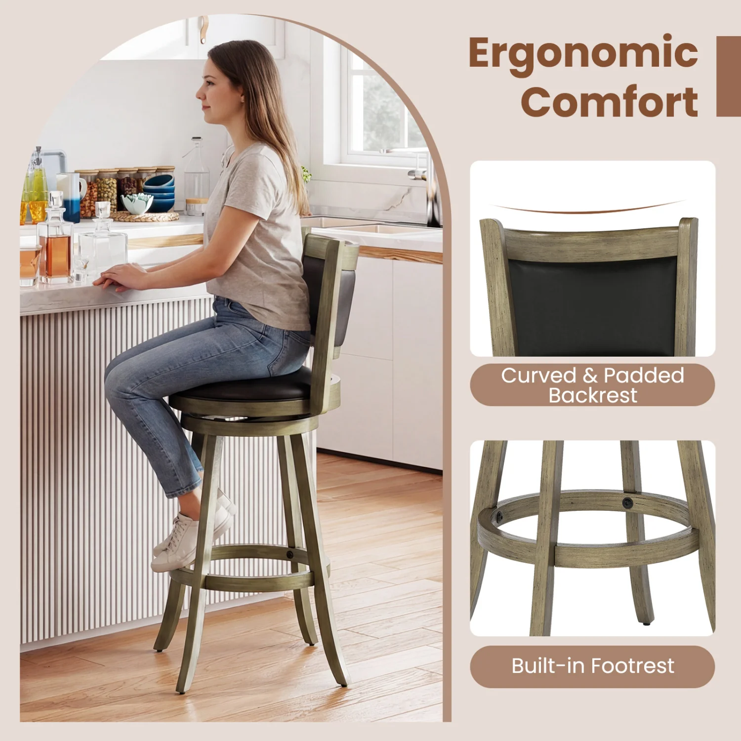 29 Inch Wooden Swivel Bar Stool, PVC Cushioned Seat, Gray - Image 9
