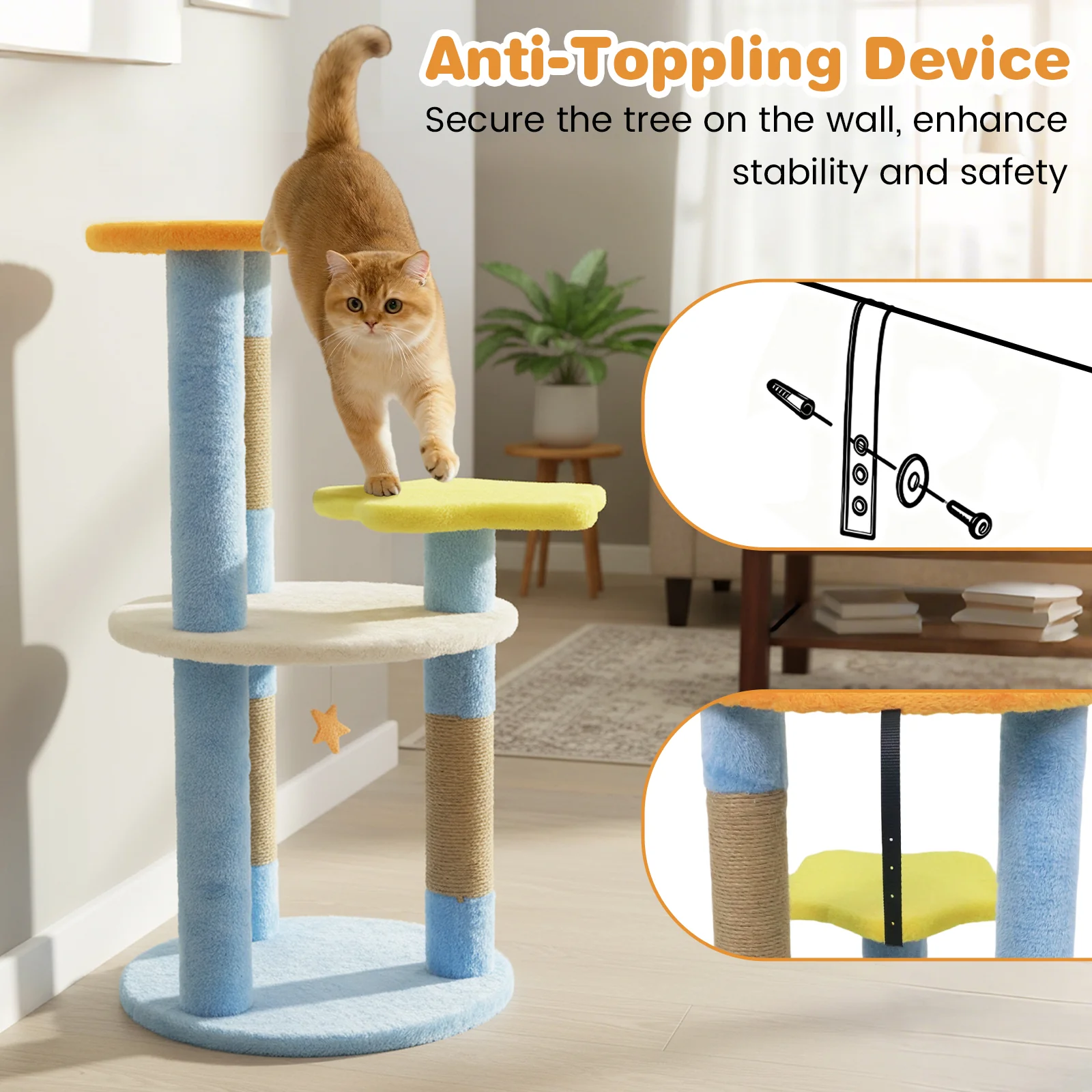 29 Inches Cute Modern Cat Tree with Star and Moon Shaped Platforms, Blue - Image 10