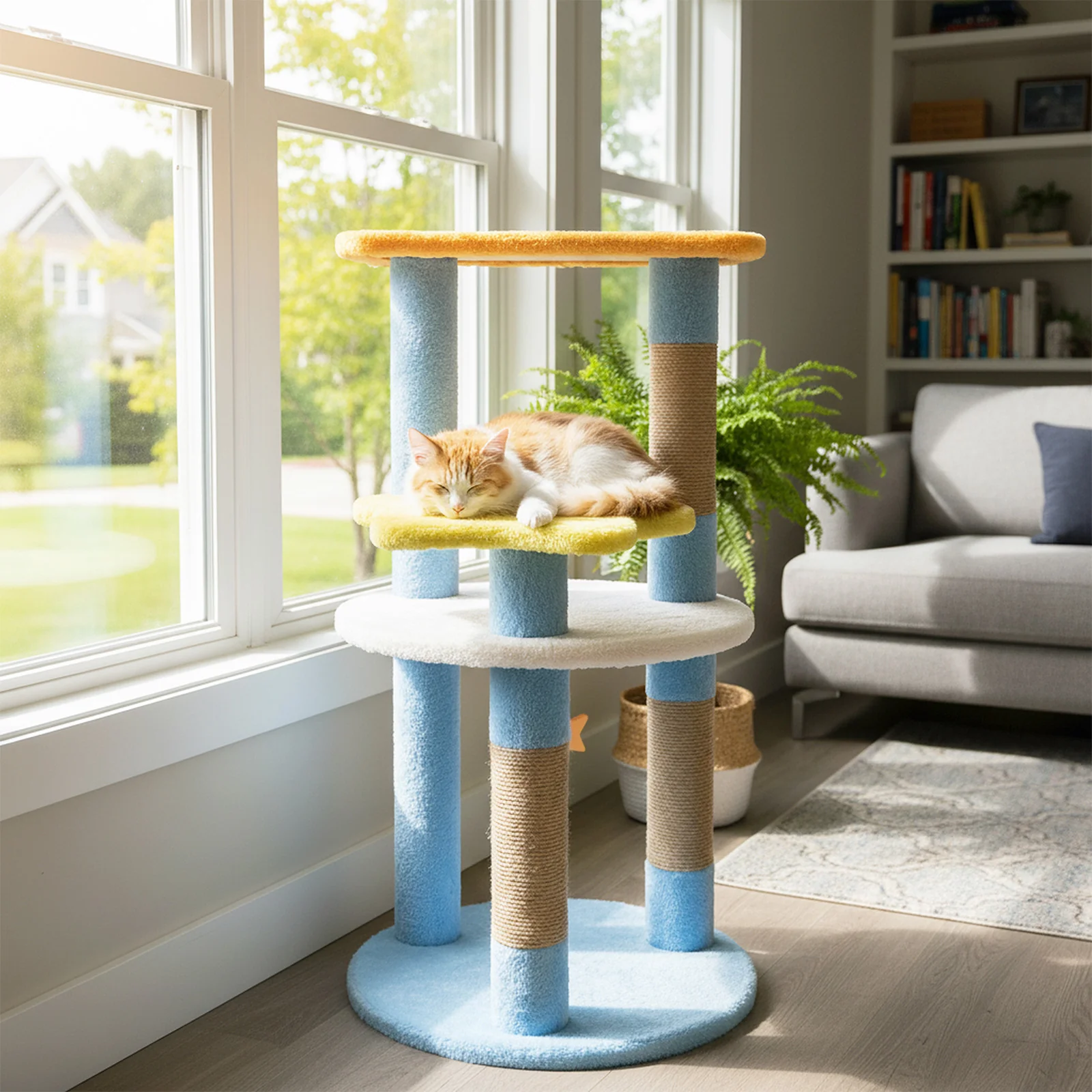 29 Inches Cute Modern Cat Tree with Star and Moon Shaped Platforms, Blue - Image 2