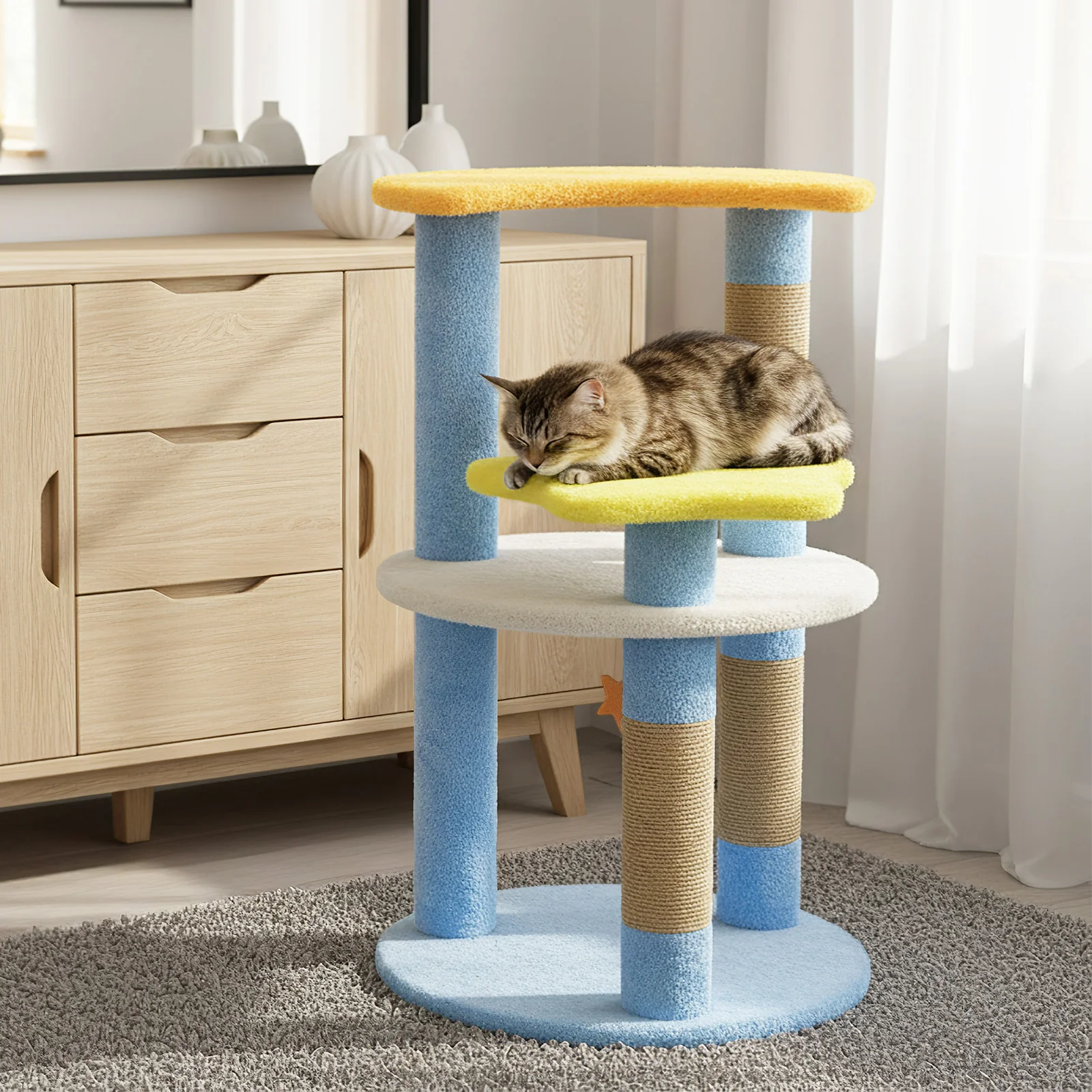 29 Inches Cute Modern Cat Tree with Star and Moon Shaped Platforms, Blue - Image 3