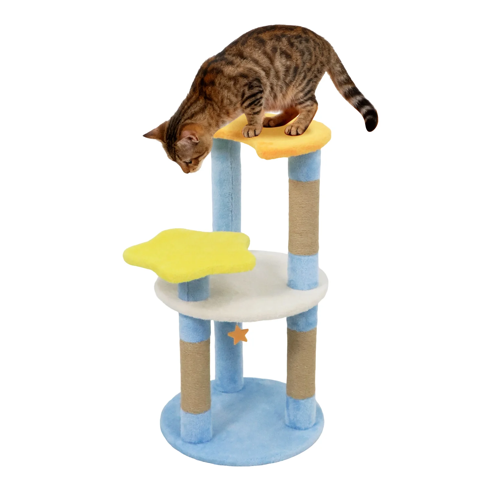 29 Inches Cute Modern Cat Tree with Star and Moon Shaped Platforms, Blue - Image 5