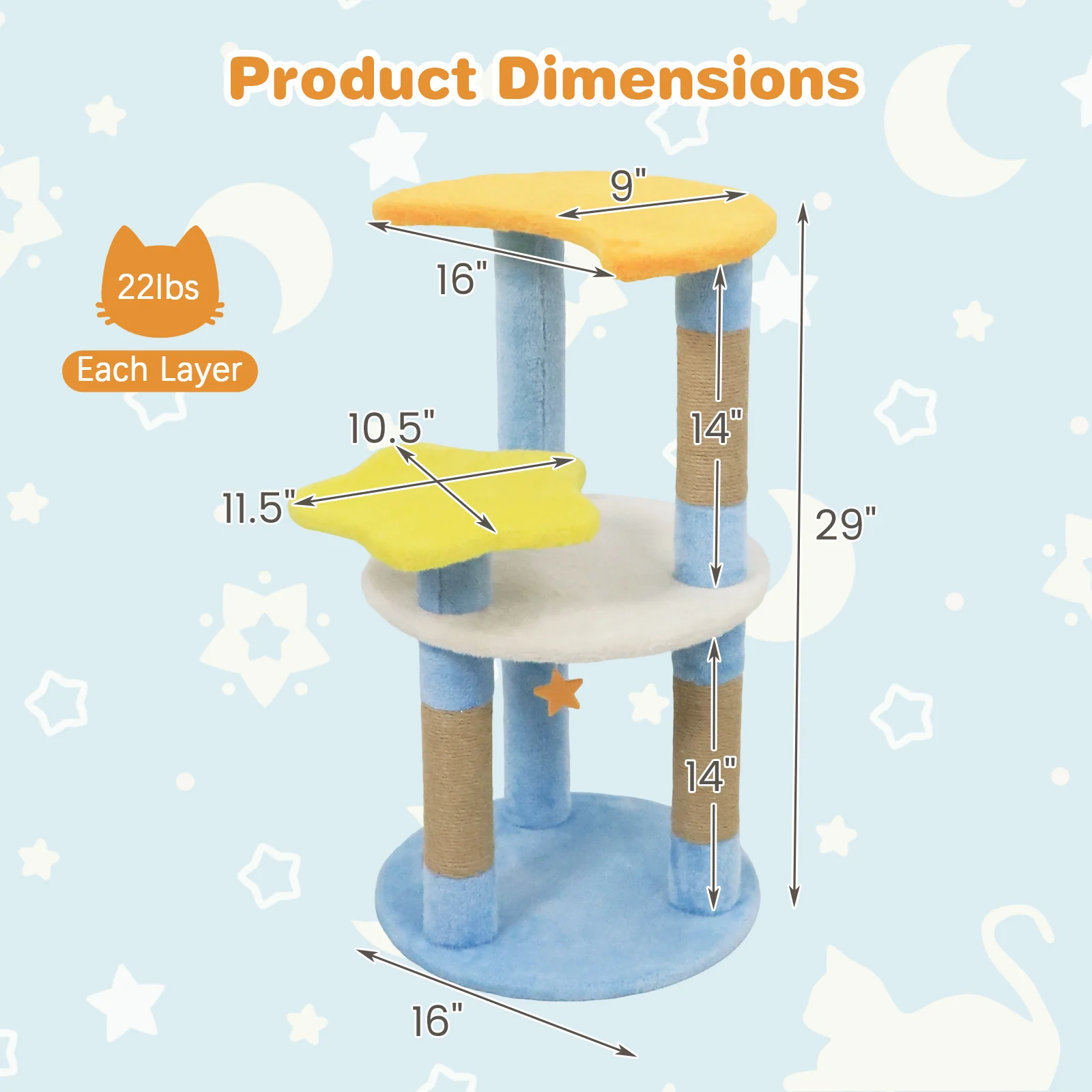 29 Inches Cute Modern Cat Tree with Star and Moon Shaped Platforms, Blue - Image 6