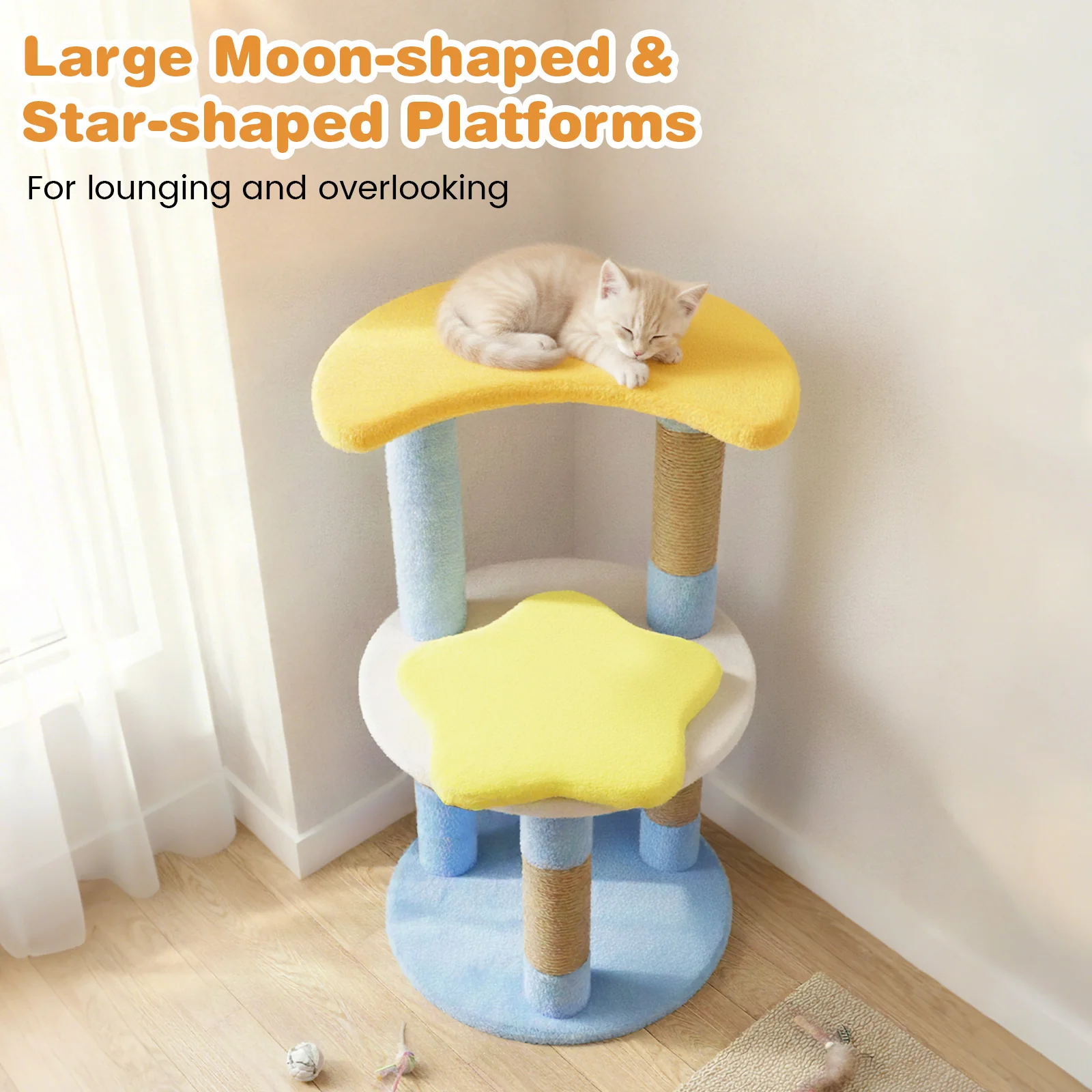 29 Inches Cute Modern Cat Tree with Star and Moon Shaped Platforms, Blue - Image 7