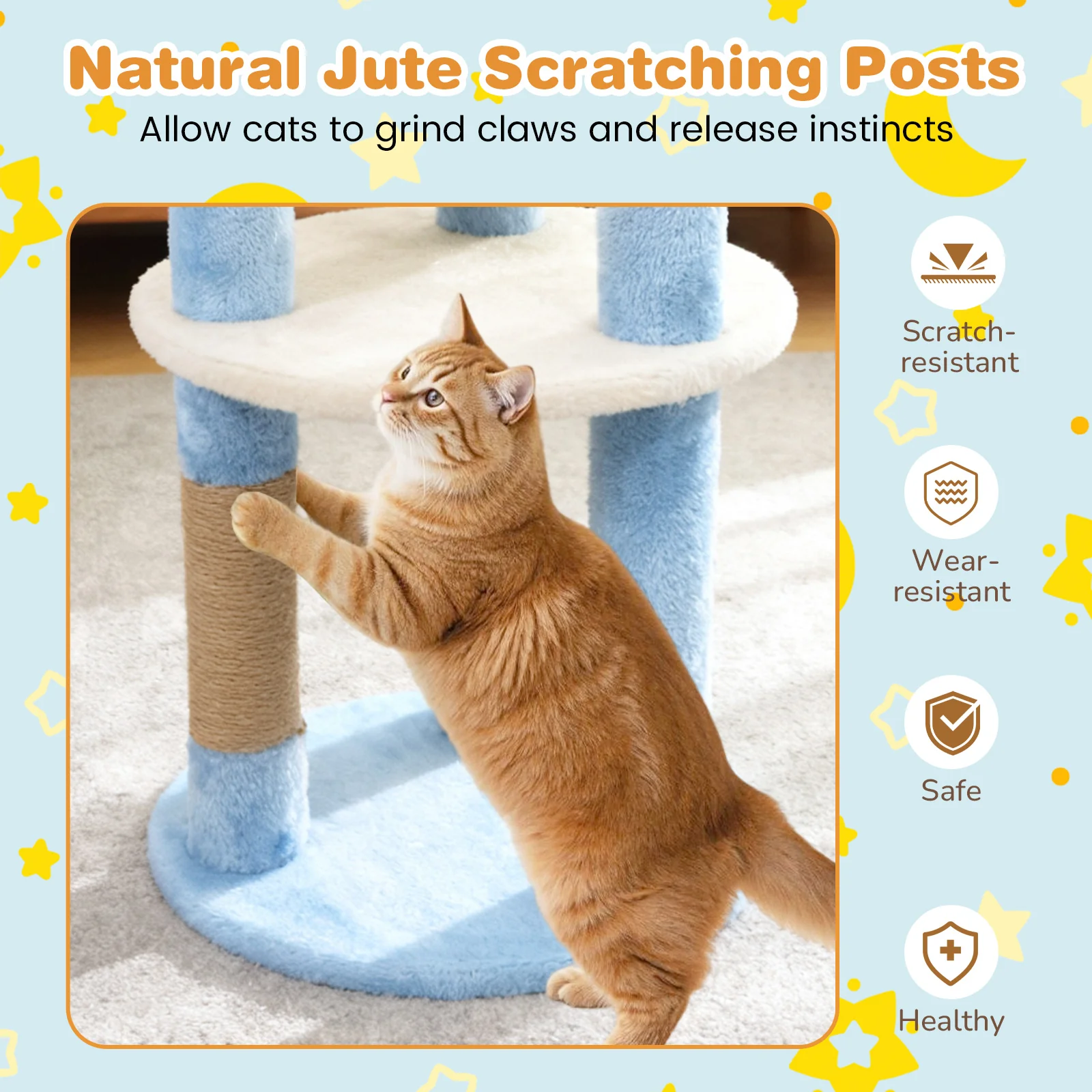 29 Inches Cute Modern Cat Tree with Star and Moon Shaped Platforms, Blue - Image 8
