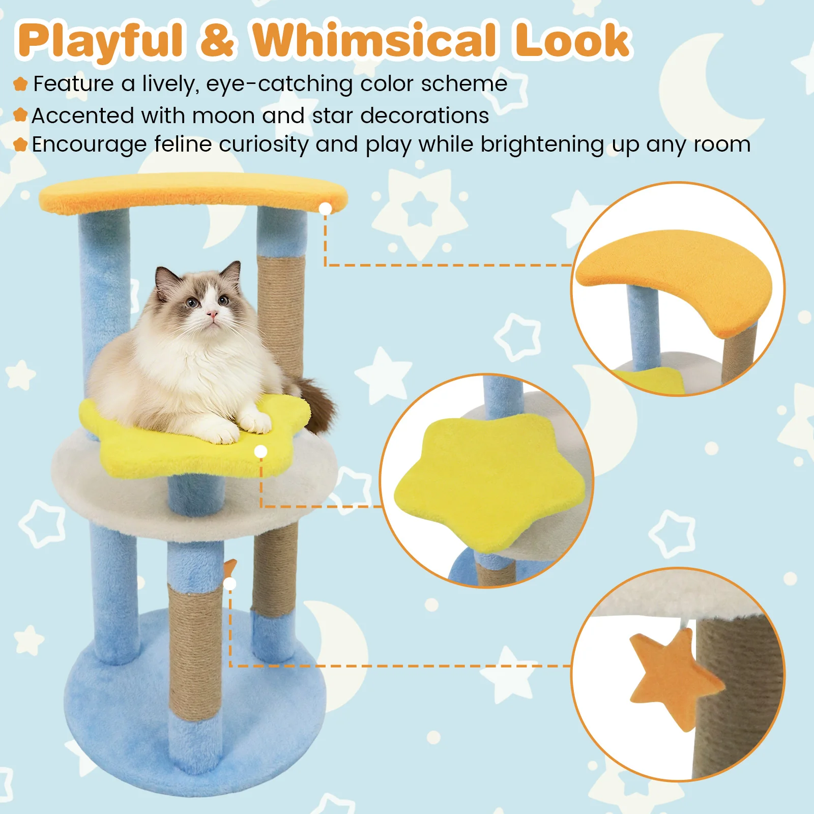 29 Inches Cute Modern Cat Tree with Star and Moon Shaped Platforms, Blue - Image 9