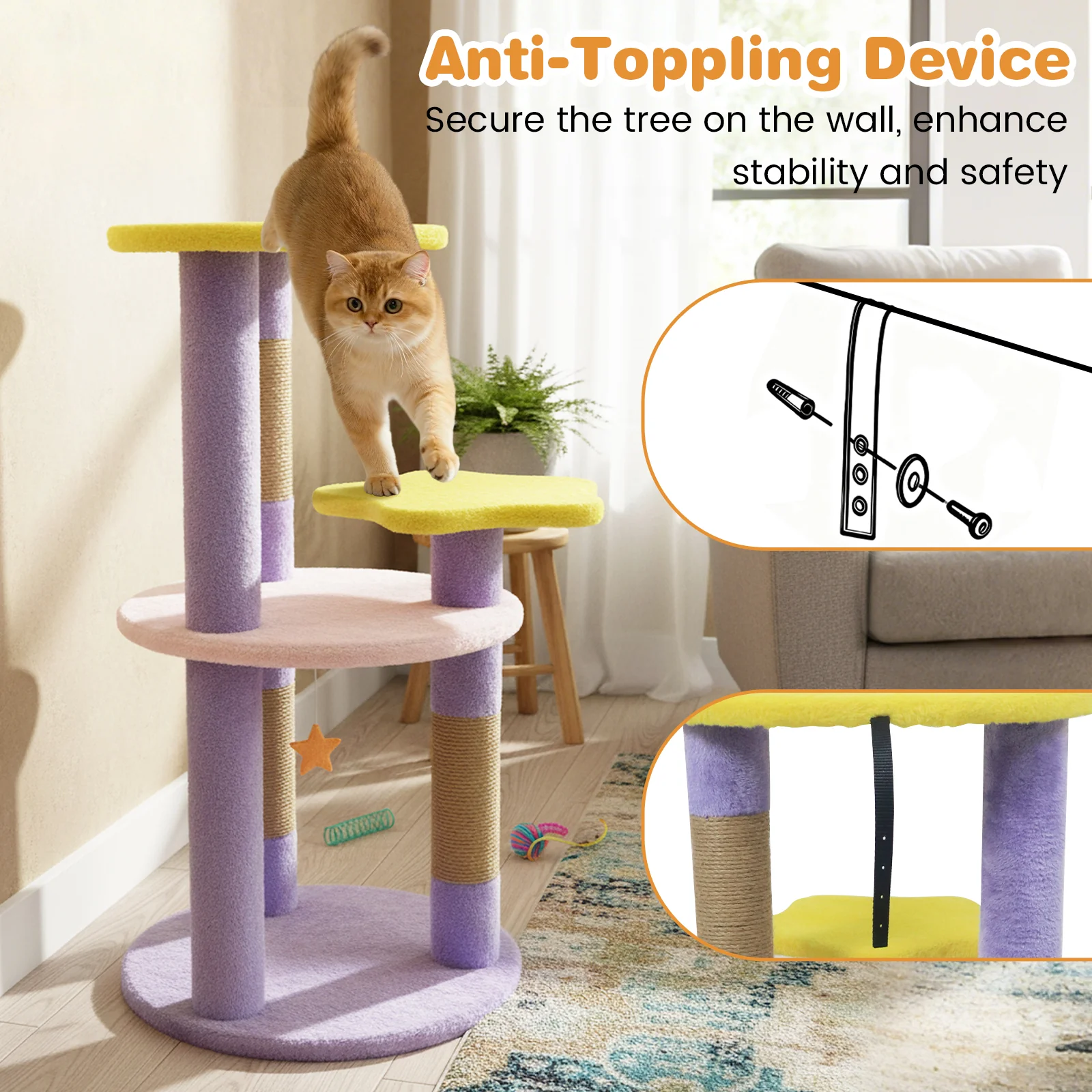 29 Inches Cute Modern Cat Tree with Star and Moon Shaped Platforms, Purple - Image 10