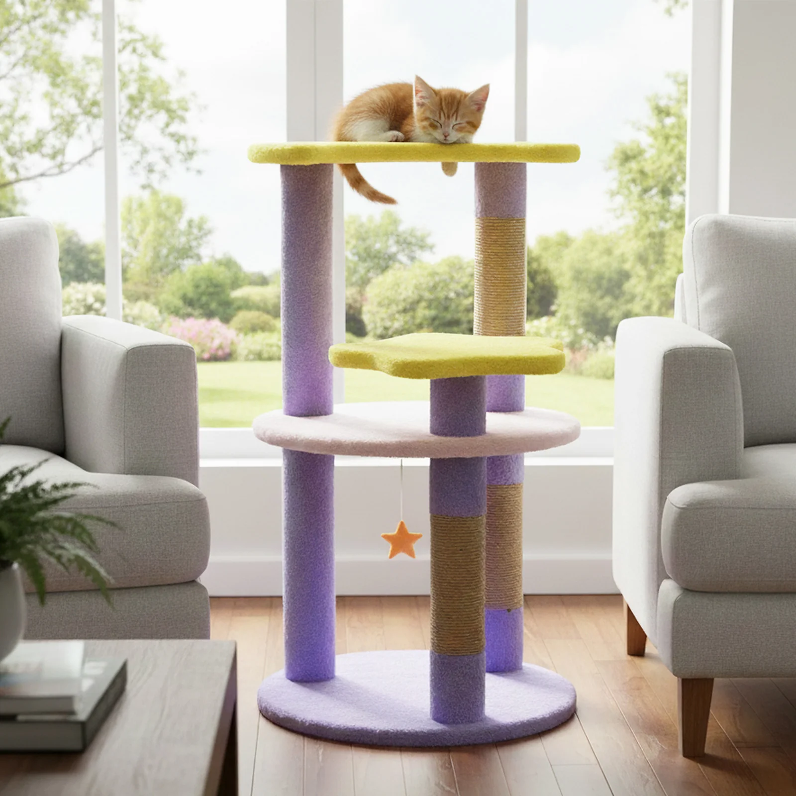 29 Inches Cute Modern Cat Tree with Star and Moon Shaped Platforms, Purple - Image 2