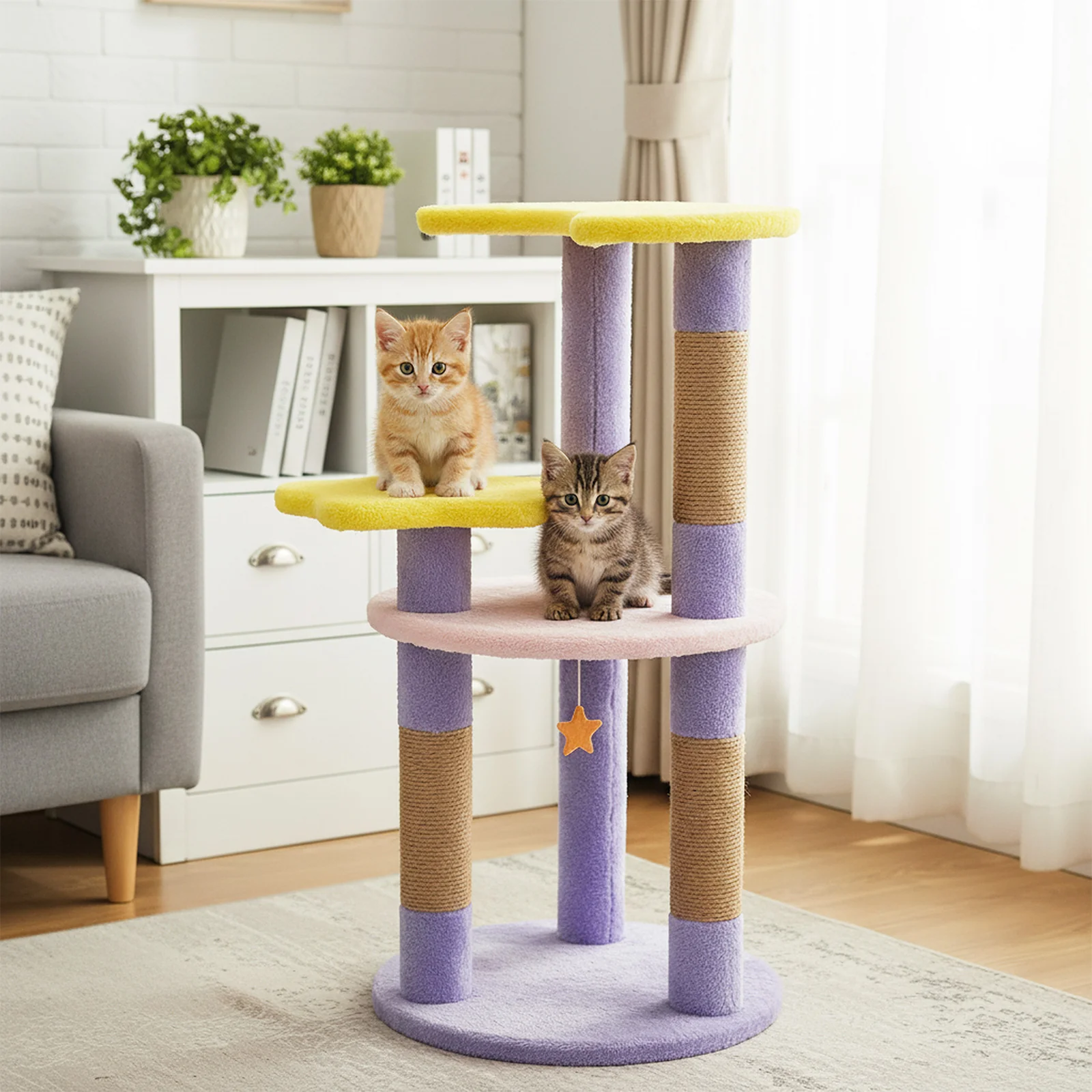 29 Inches Cute Modern Cat Tree with Star and Moon Shaped Platforms, Purple - Image 3