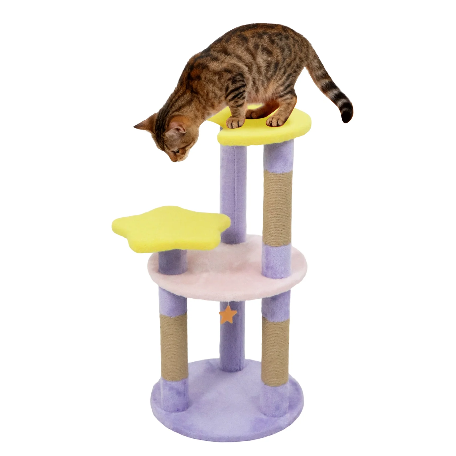 29 Inches Cute Modern Cat Tree with Star and Moon Shaped Platforms, Purple - Image 5