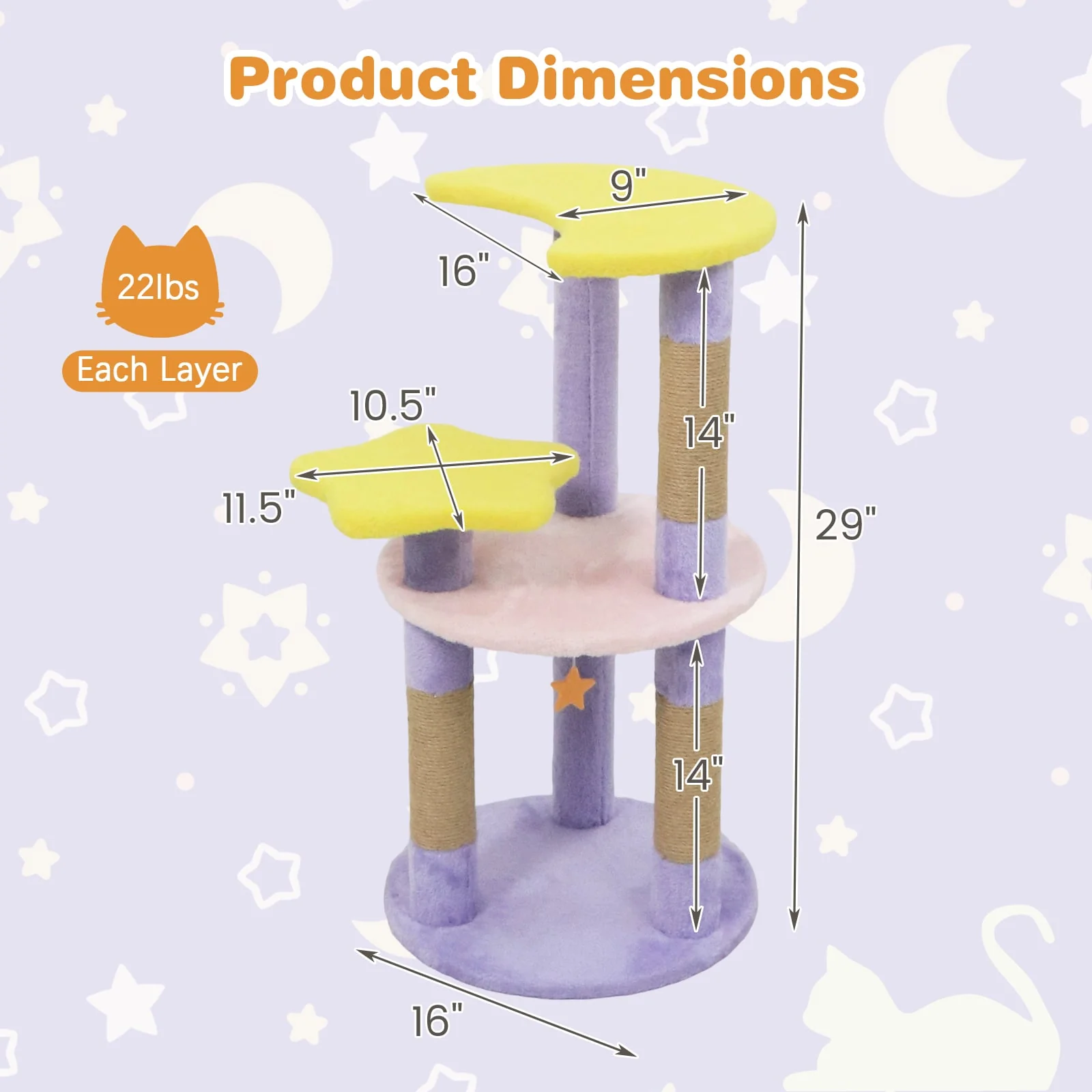 29 Inches Cute Modern Cat Tree with Star and Moon Shaped Platforms, Purple - Image 6