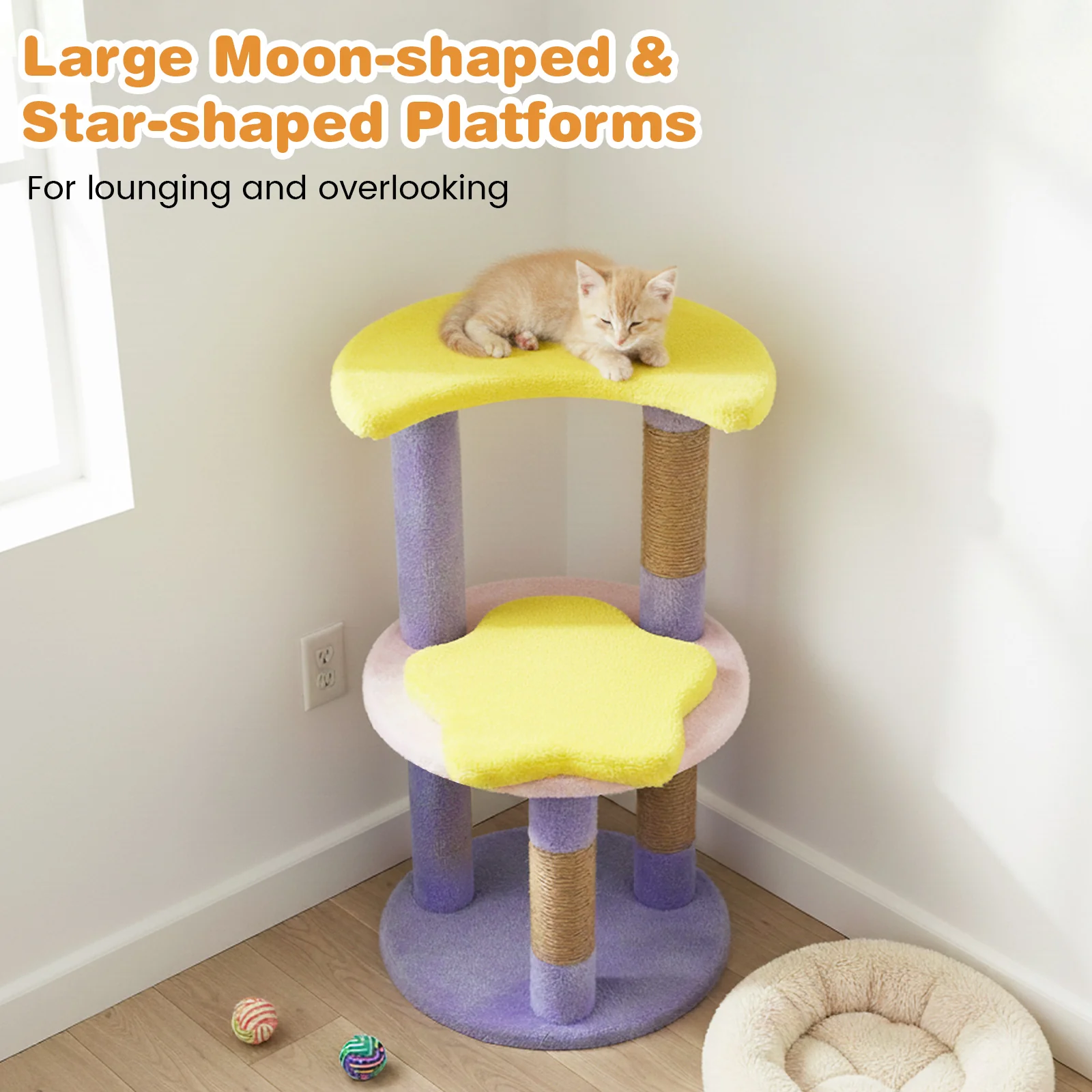 29 Inches Cute Modern Cat Tree with Star and Moon Shaped Platforms, Purple - Image 7