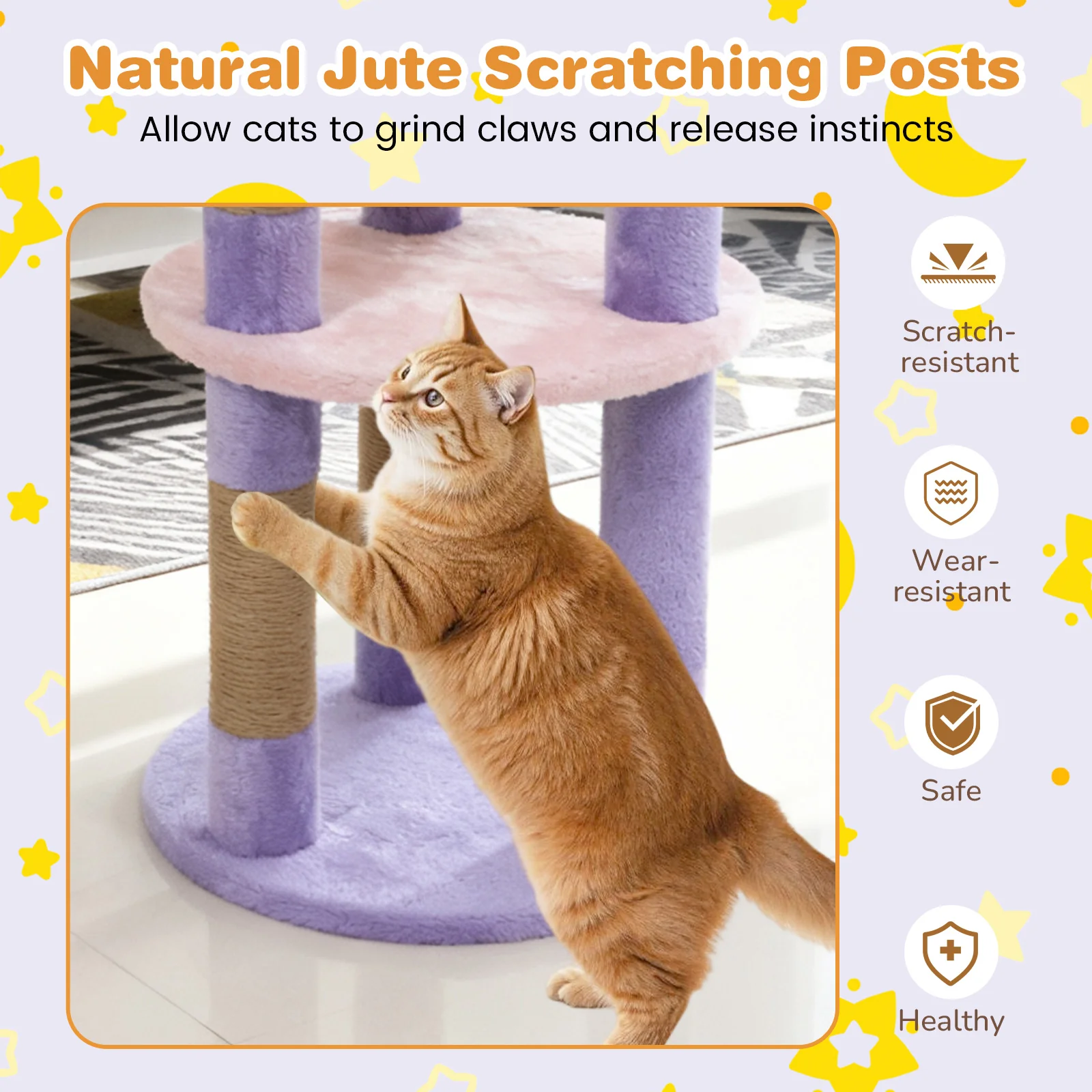 29 Inches Cute Modern Cat Tree with Star and Moon Shaped Platforms, Purple - Image 8