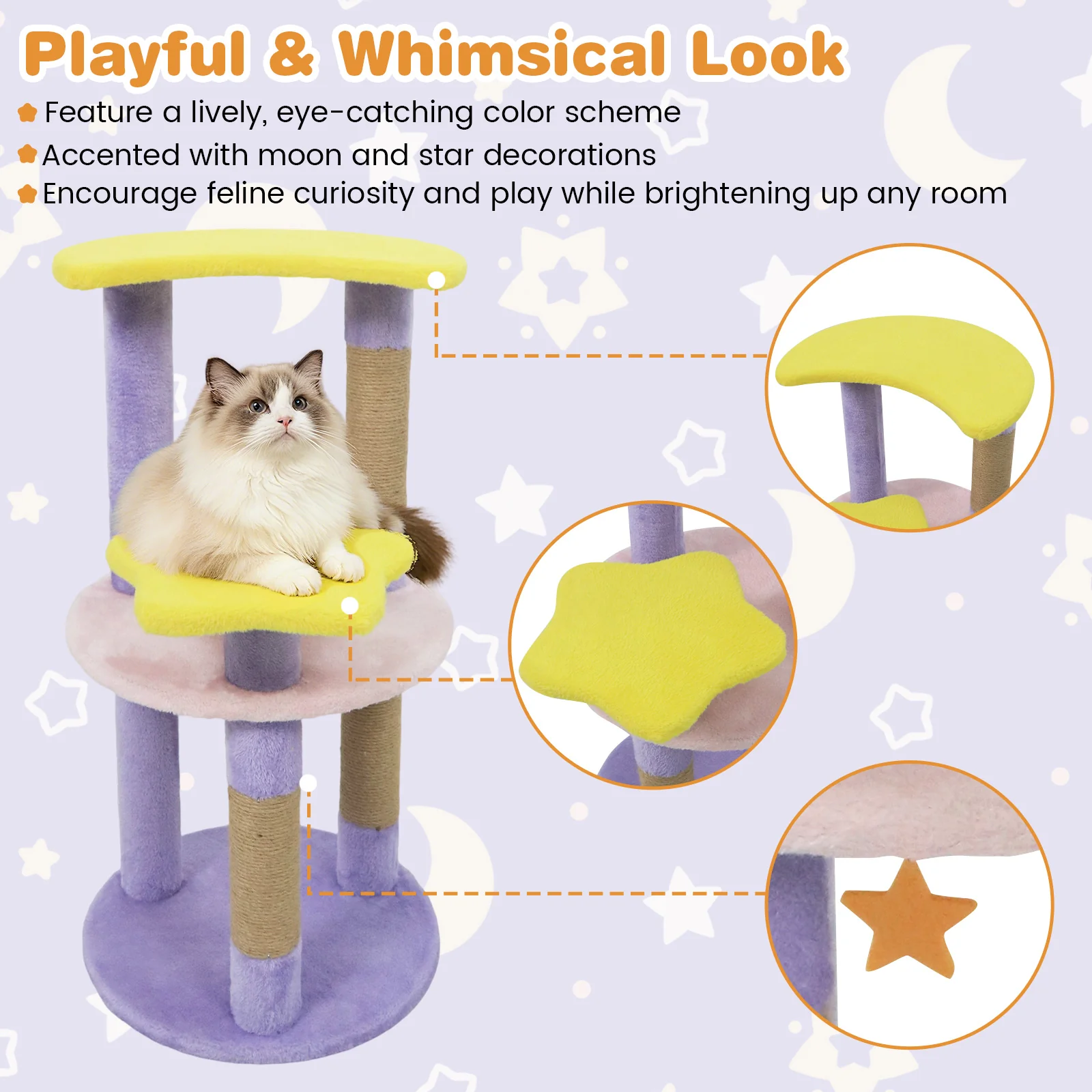 29 Inches Cute Modern Cat Tree with Star and Moon Shaped Platforms, Purple - Image 9