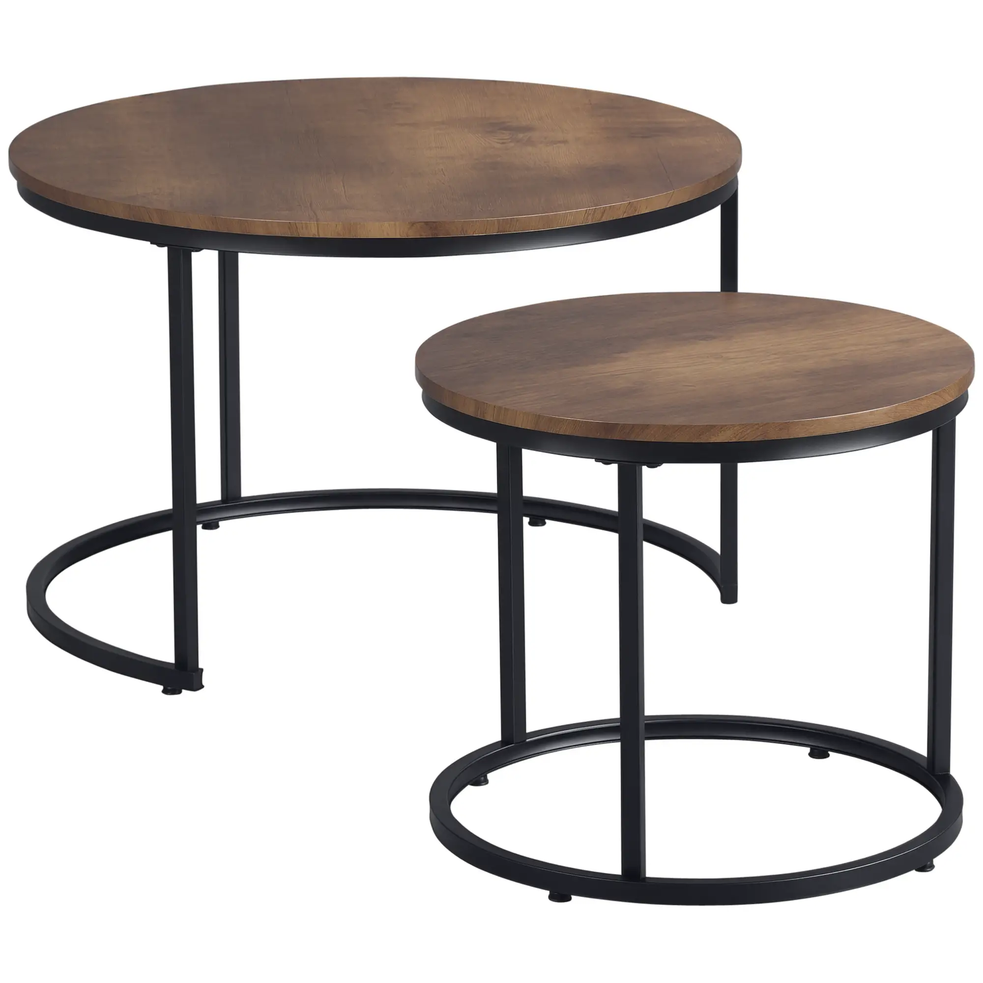 29" Round Nesting Tables, Set of 2, Metal Base, Rustic Brown