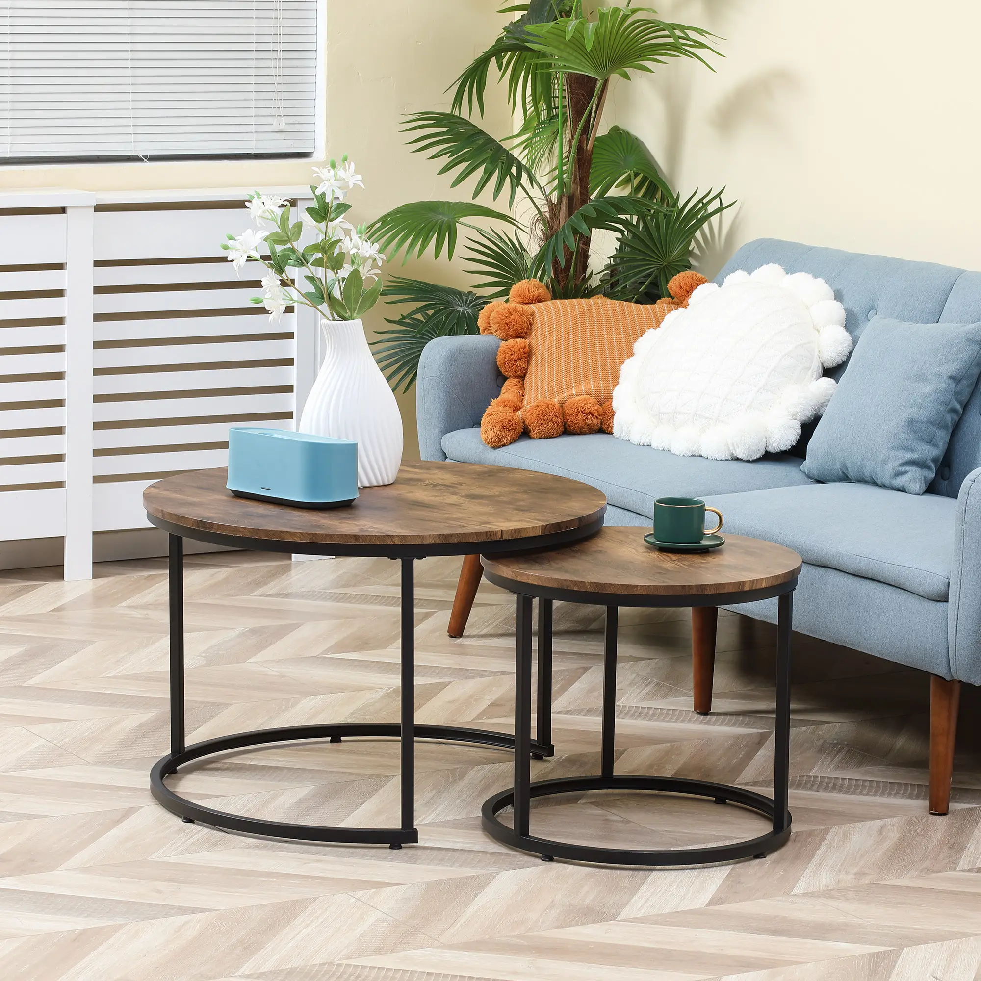 29" Round Nesting Tables, Set of 2, Metal Base, Rustic Brown - Image 2