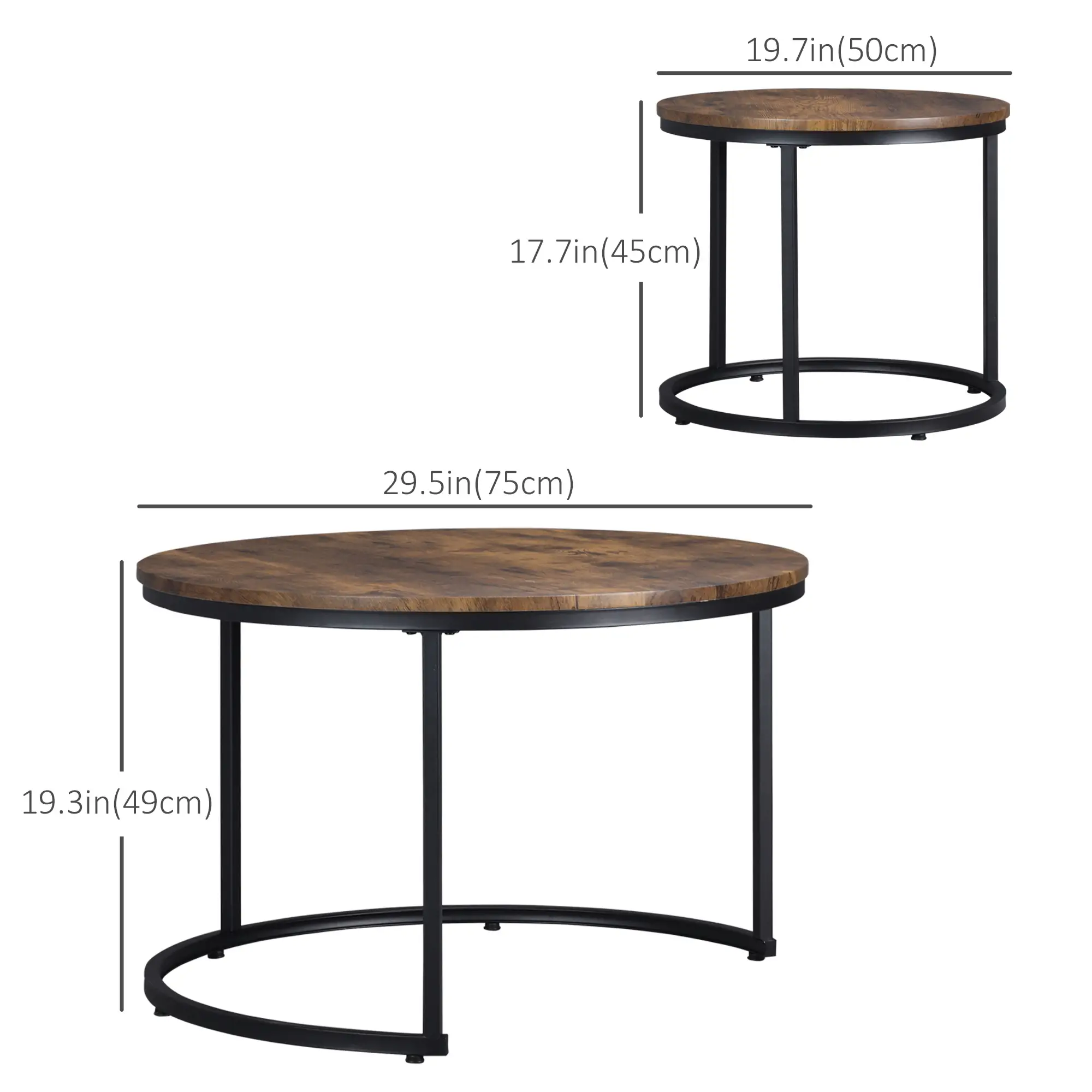 29" Round Nesting Tables, Set of 2, Metal Base, Rustic Brown - Image 3