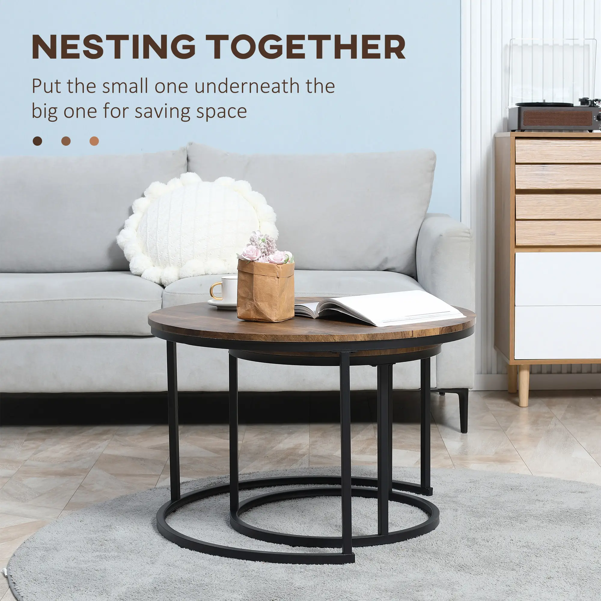 29" Round Nesting Tables, Set of 2, Metal Base, Rustic Brown - Image 4