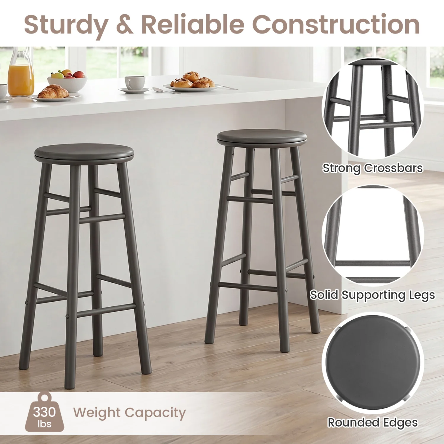29" Swivel Bar Stools Set of 2, Gray - Image 9