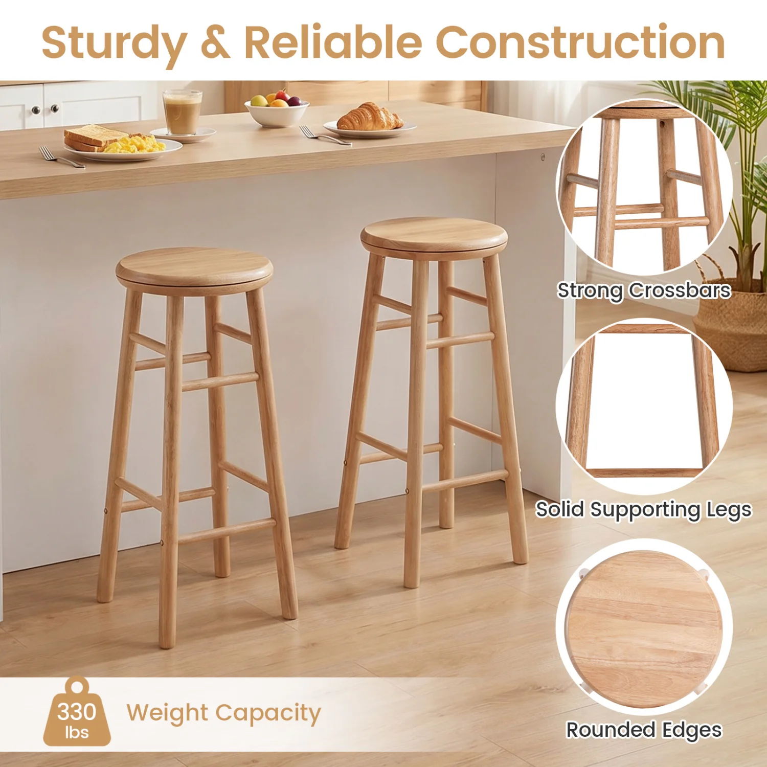 29" Swivel Bar Stools Set of 2, Natural - Image 6