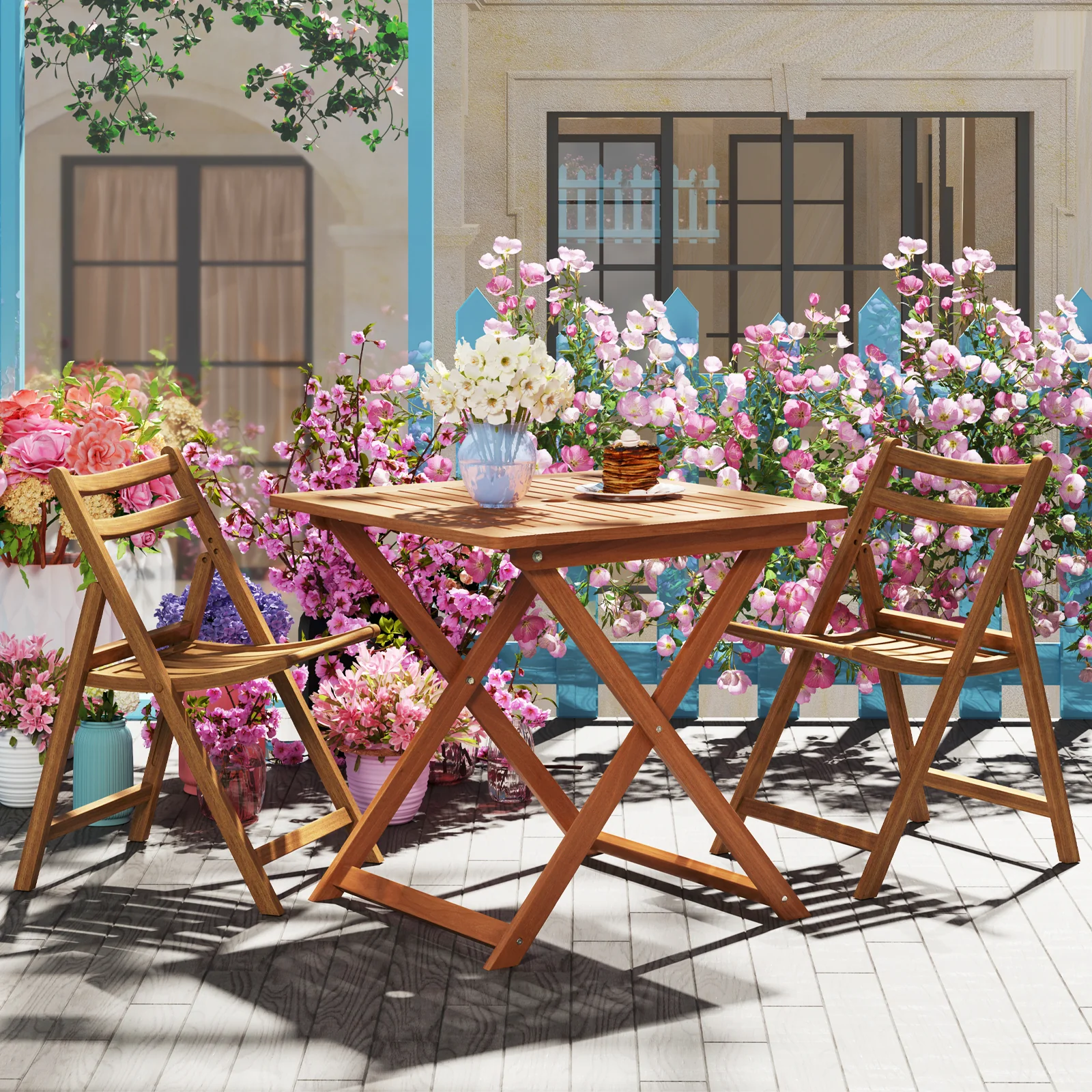 29.5 Inch x 29.5 Inch Patio Dining Table with Teak Painting and Umbrella Hole, Teak - Image 2