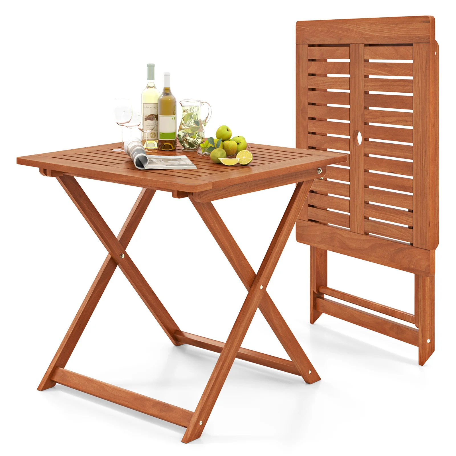 29.5 Inch x 29.5 Inch Patio Dining Table with Teak Painting and Umbrella Hole, Teak - Image 5