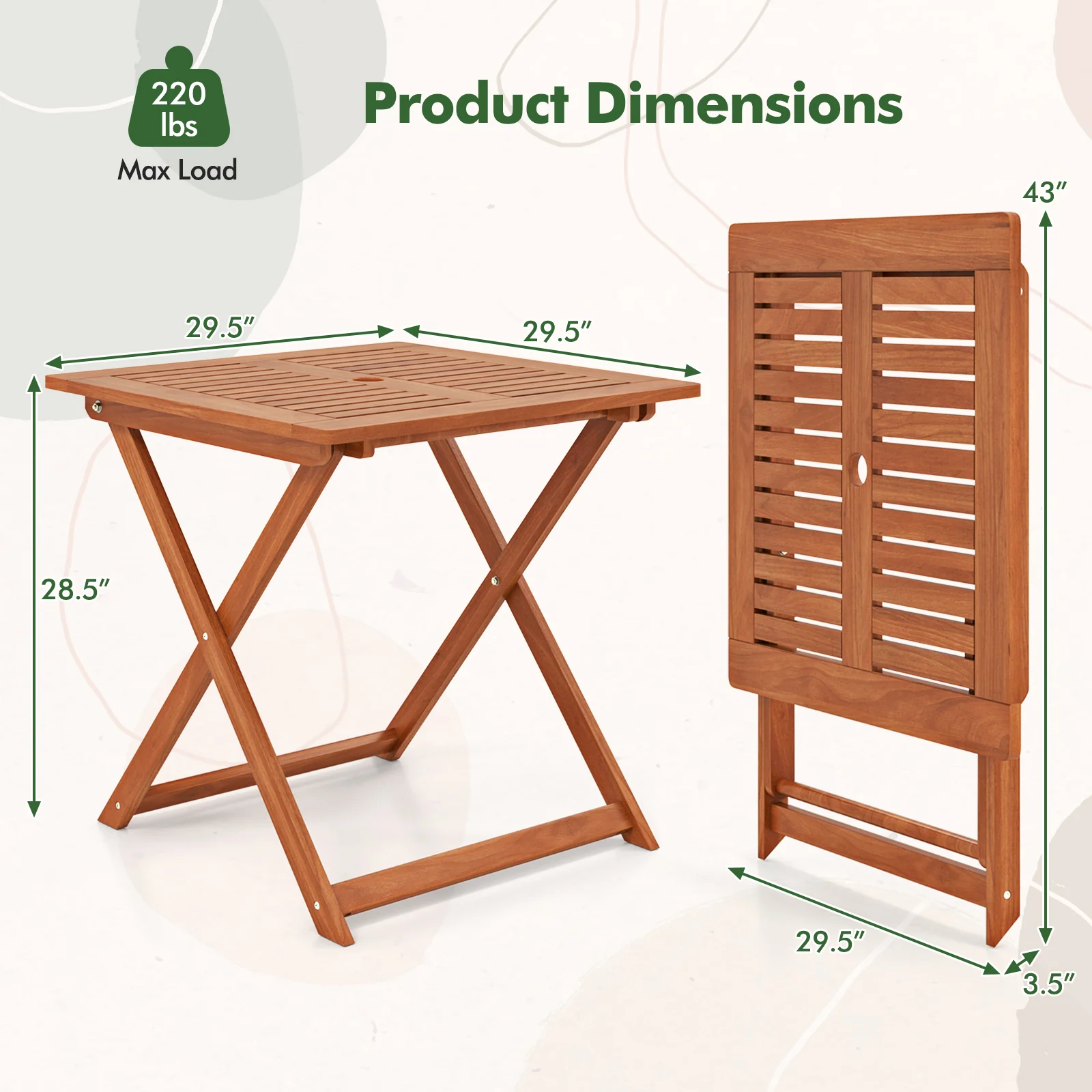 29.5 Inch x 29.5 Inch Patio Dining Table with Teak Painting and Umbrella Hole, Teak - Image 6