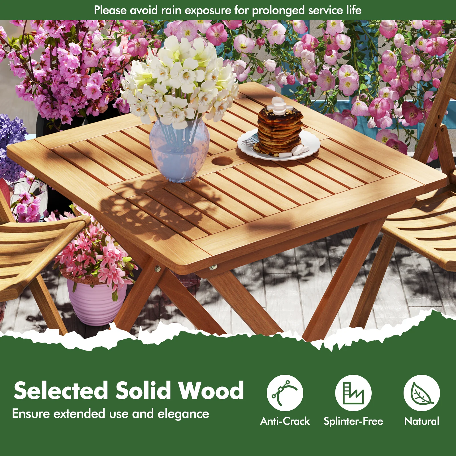 29.5 Inch x 29.5 Inch Patio Dining Table with Teak Painting and Umbrella Hole, Teak - Image 8