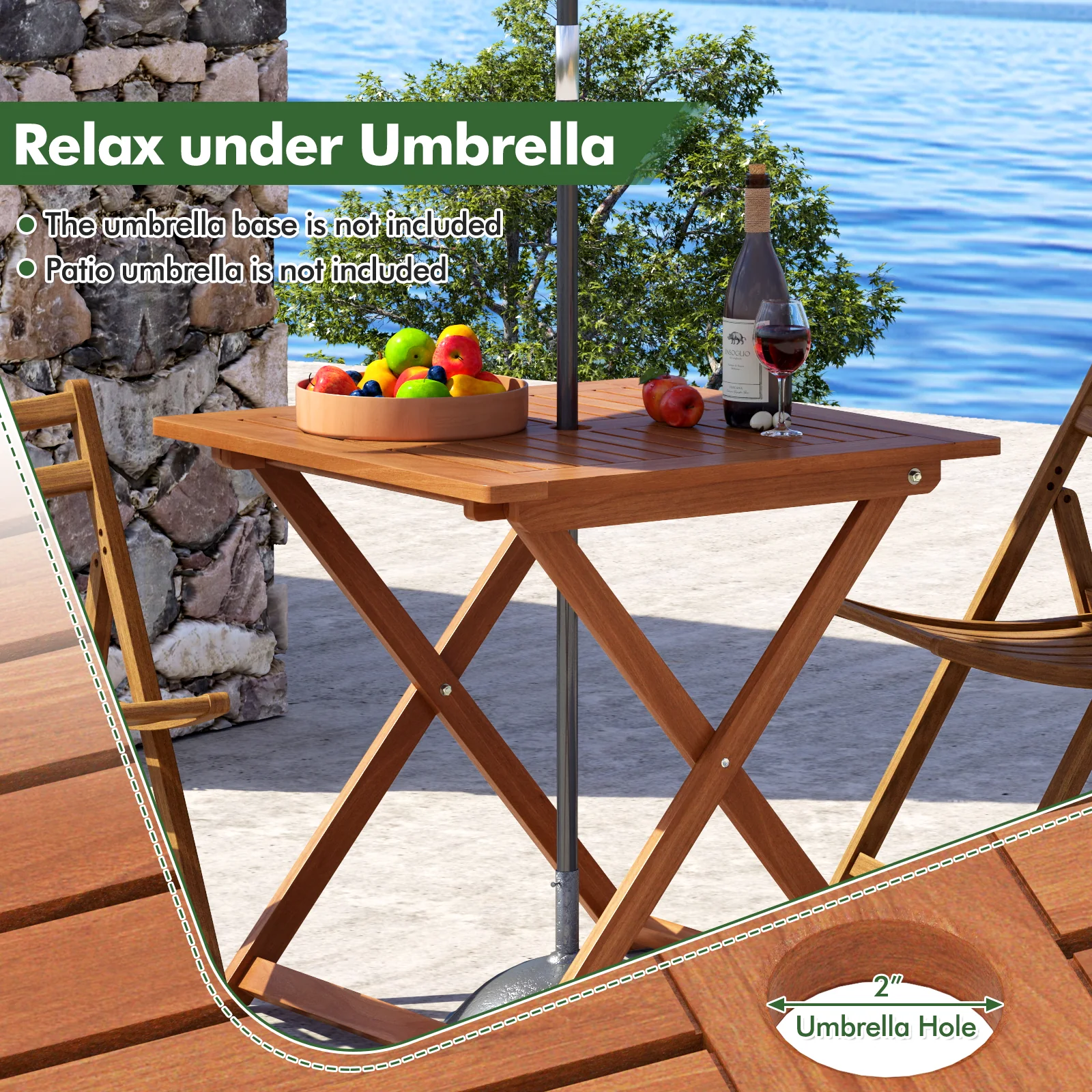 29.5 Inch x 29.5 Inch Patio Dining Table with Teak Painting and Umbrella Hole, Teak - Image 9