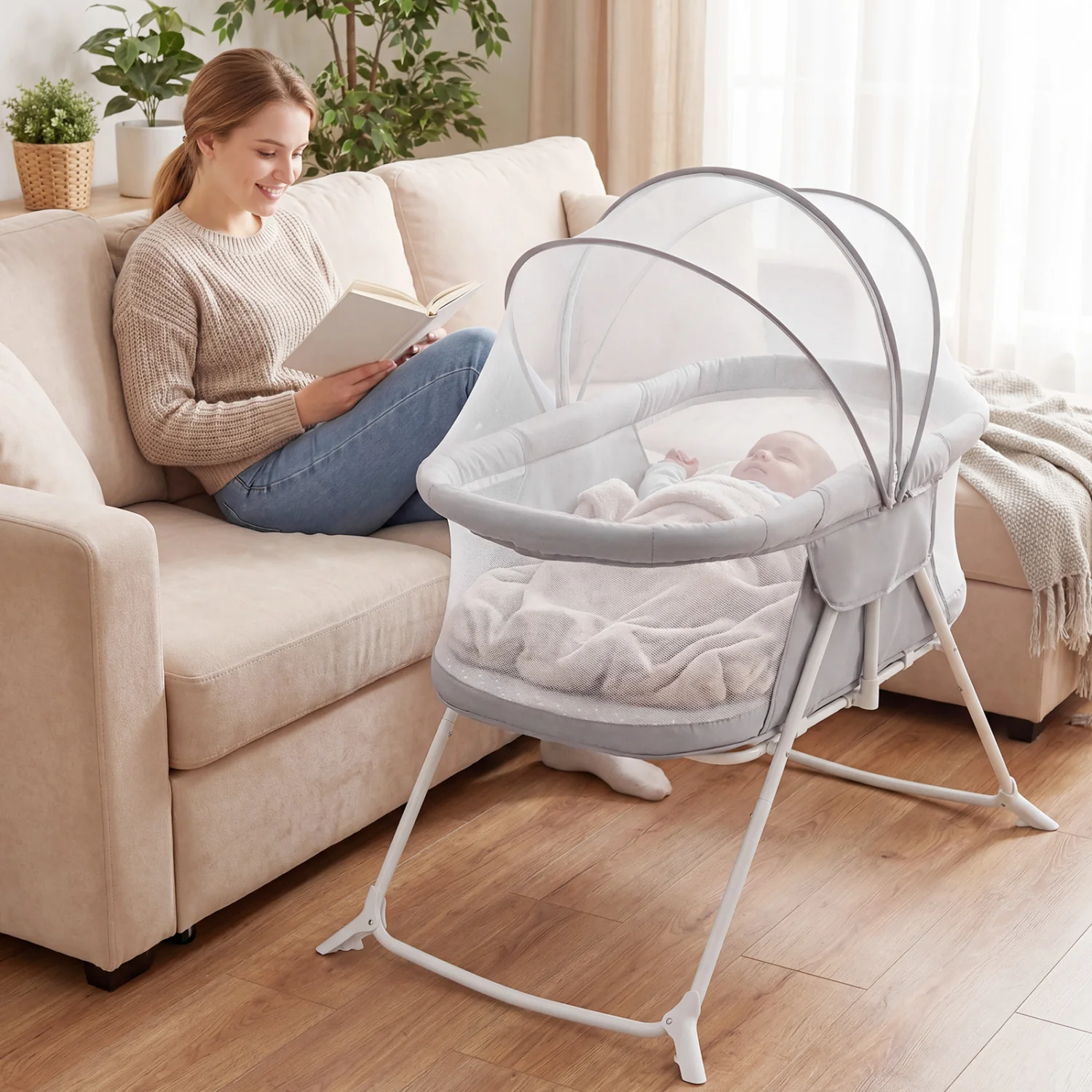 2in1 Baby Bassinet with Rocking Motion, Foldable Bedside Sleeper, Gray - Image 3