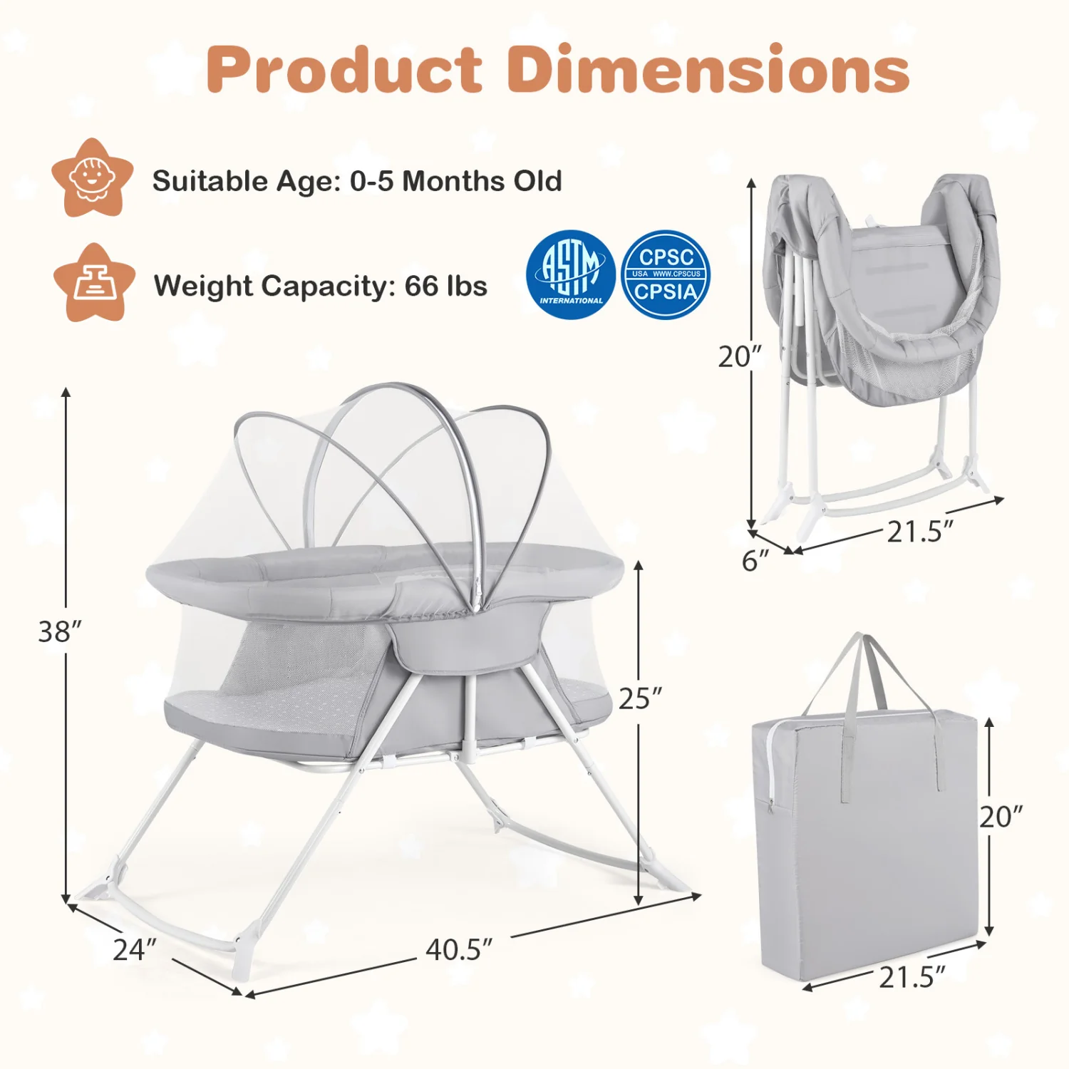 2in1 Baby Bassinet with Rocking Motion, Foldable Bedside Sleeper, Gray - Image 5