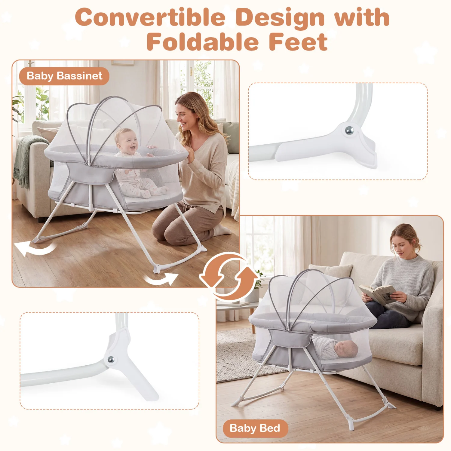 2in1 Baby Bassinet with Rocking Motion, Foldable Bedside Sleeper, Gray - Image 6
