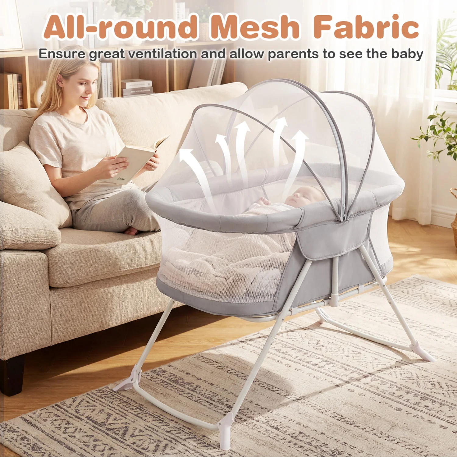 2in1 Baby Bassinet with Rocking Motion, Foldable Bedside Sleeper, Gray - Image 7