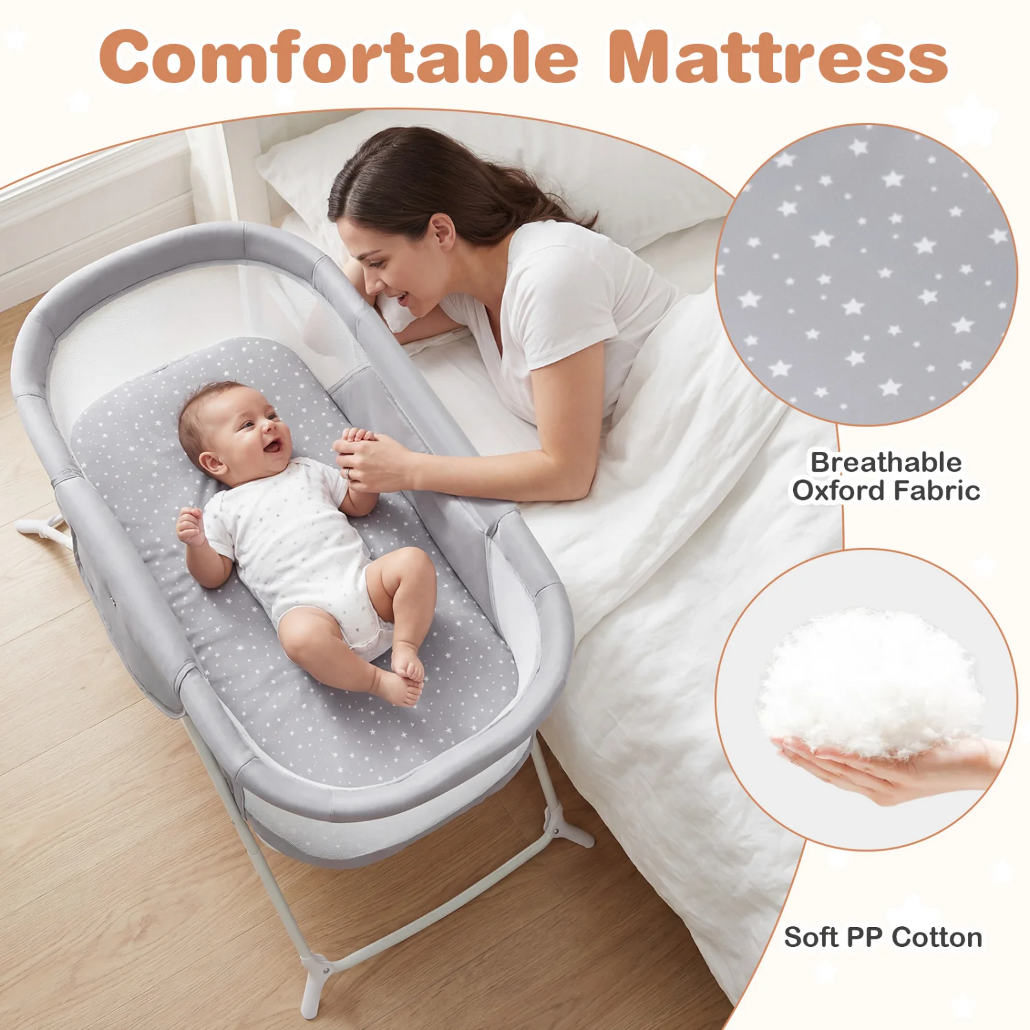 2in1 Baby Bassinet with Rocking Motion, Foldable Bedside Sleeper, Gray - Image 8