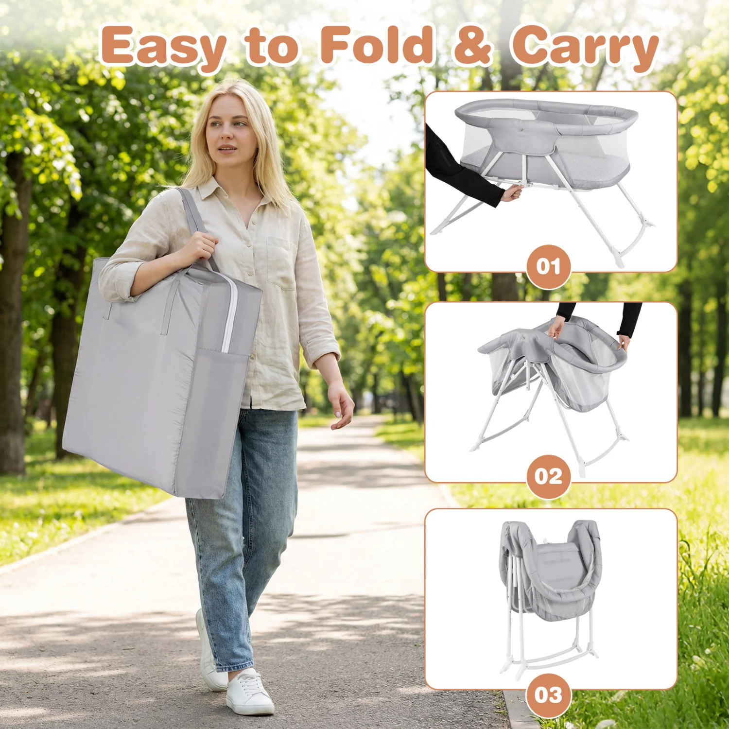 2in1 Baby Bassinet with Rocking Motion, Foldable Bedside Sleeper, Gray - Image 9