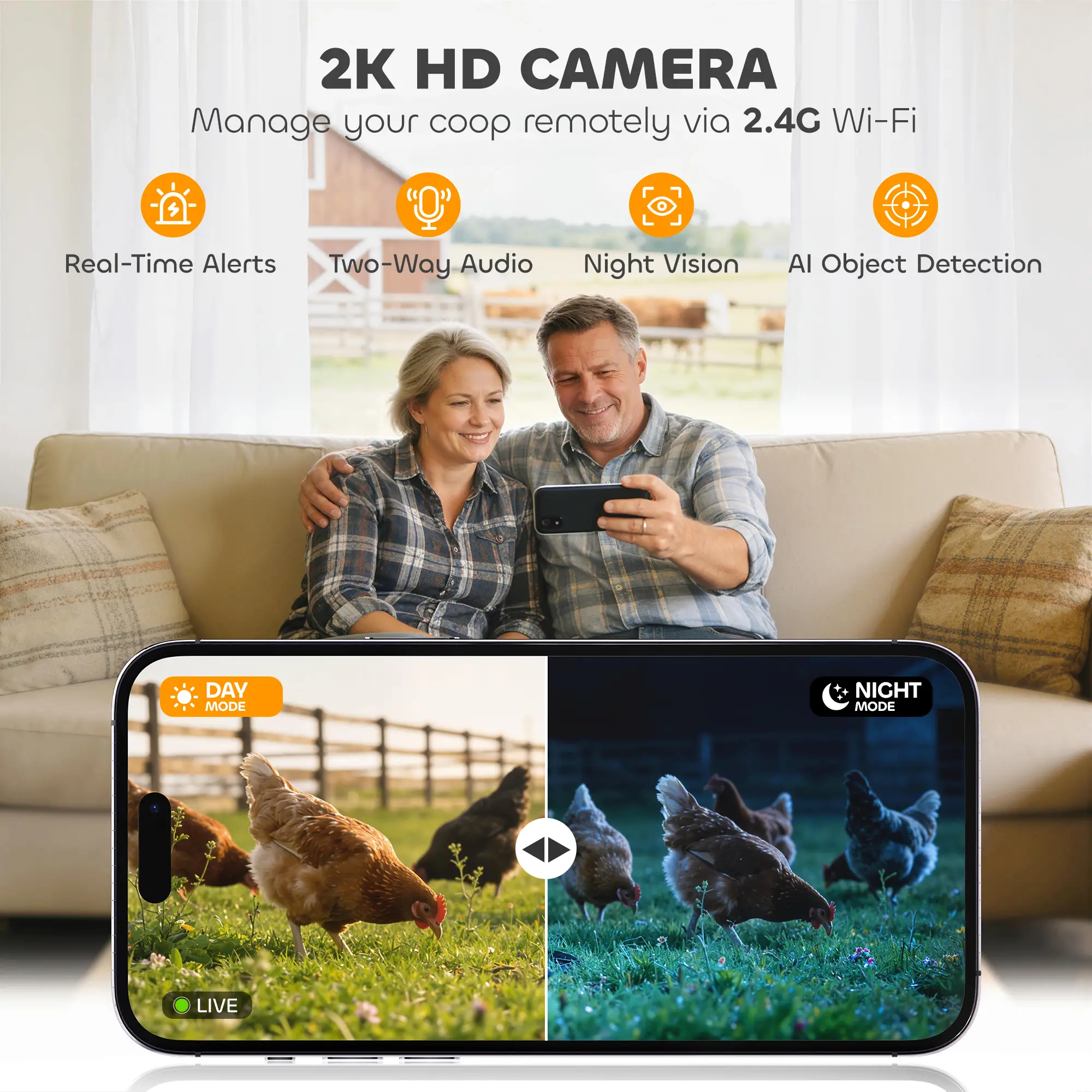 2K HD AI Camera Chicken Coop Door, WiFi Solar Powered, 5200 mAh Battery, Alarm - Image 4