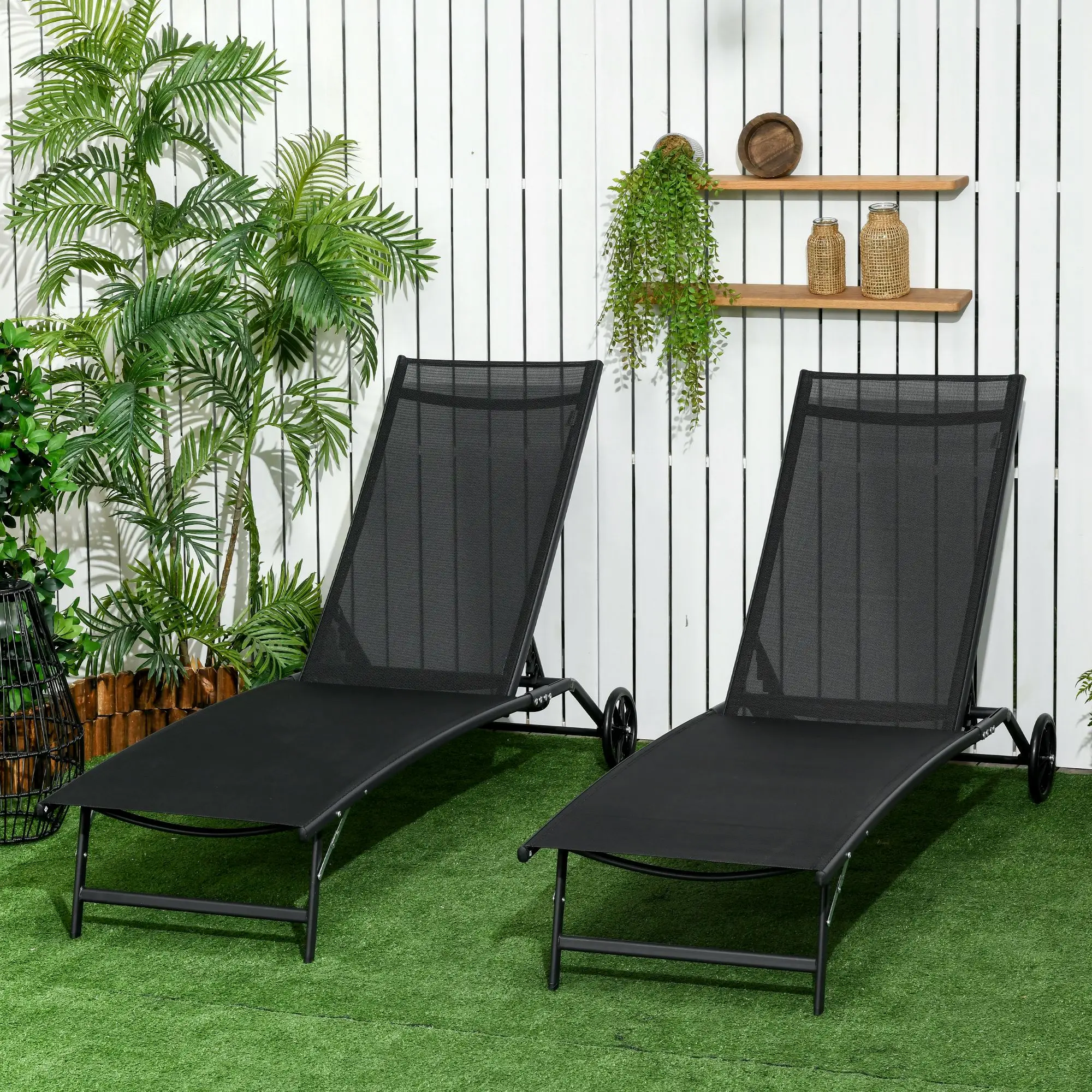2PCs Lounge Chairs with Wheels, 5-Level Adjustable Backrest, White - Image 2