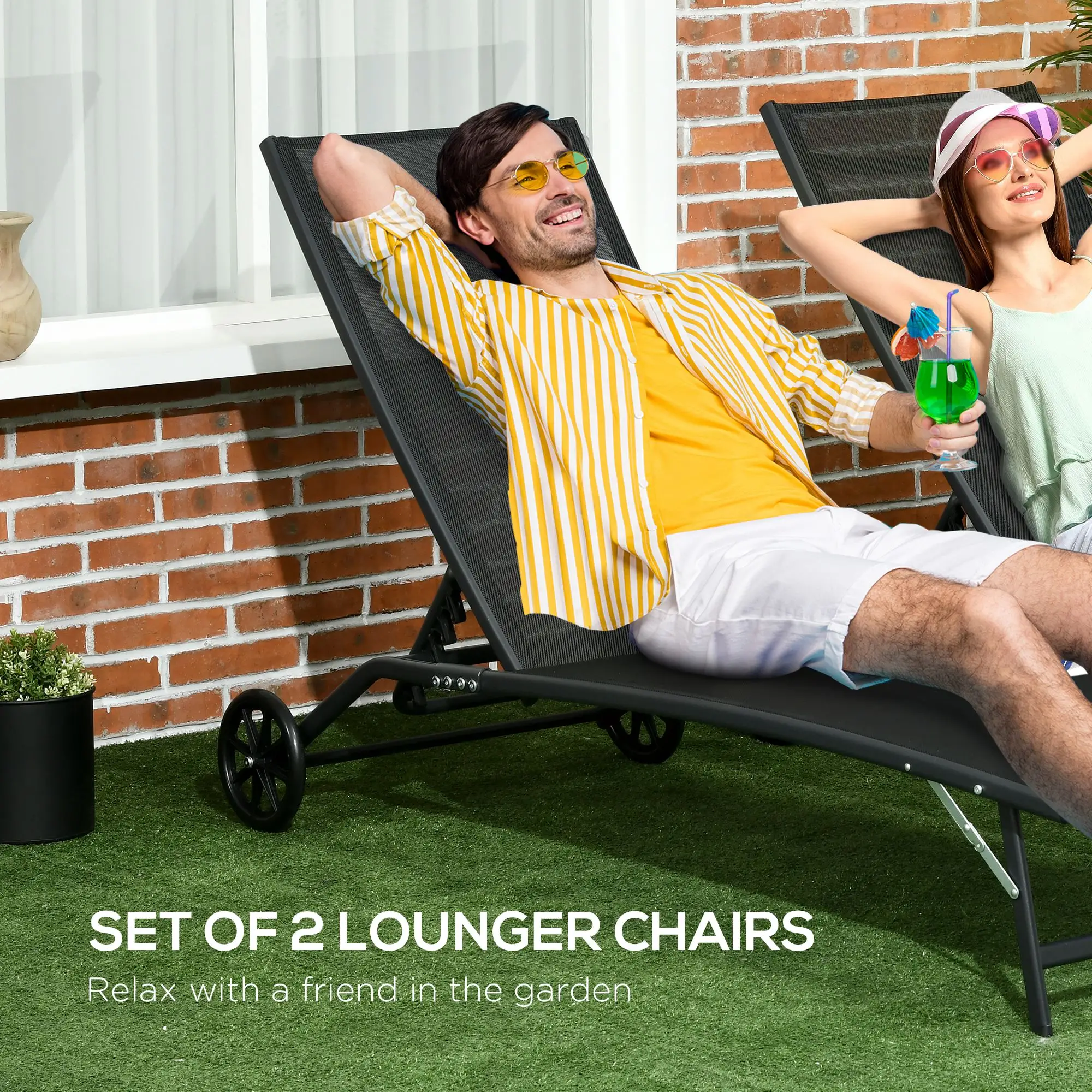 2PCs Lounge Chairs with Wheels, 5-Level Adjustable Backrest, White - Image 4