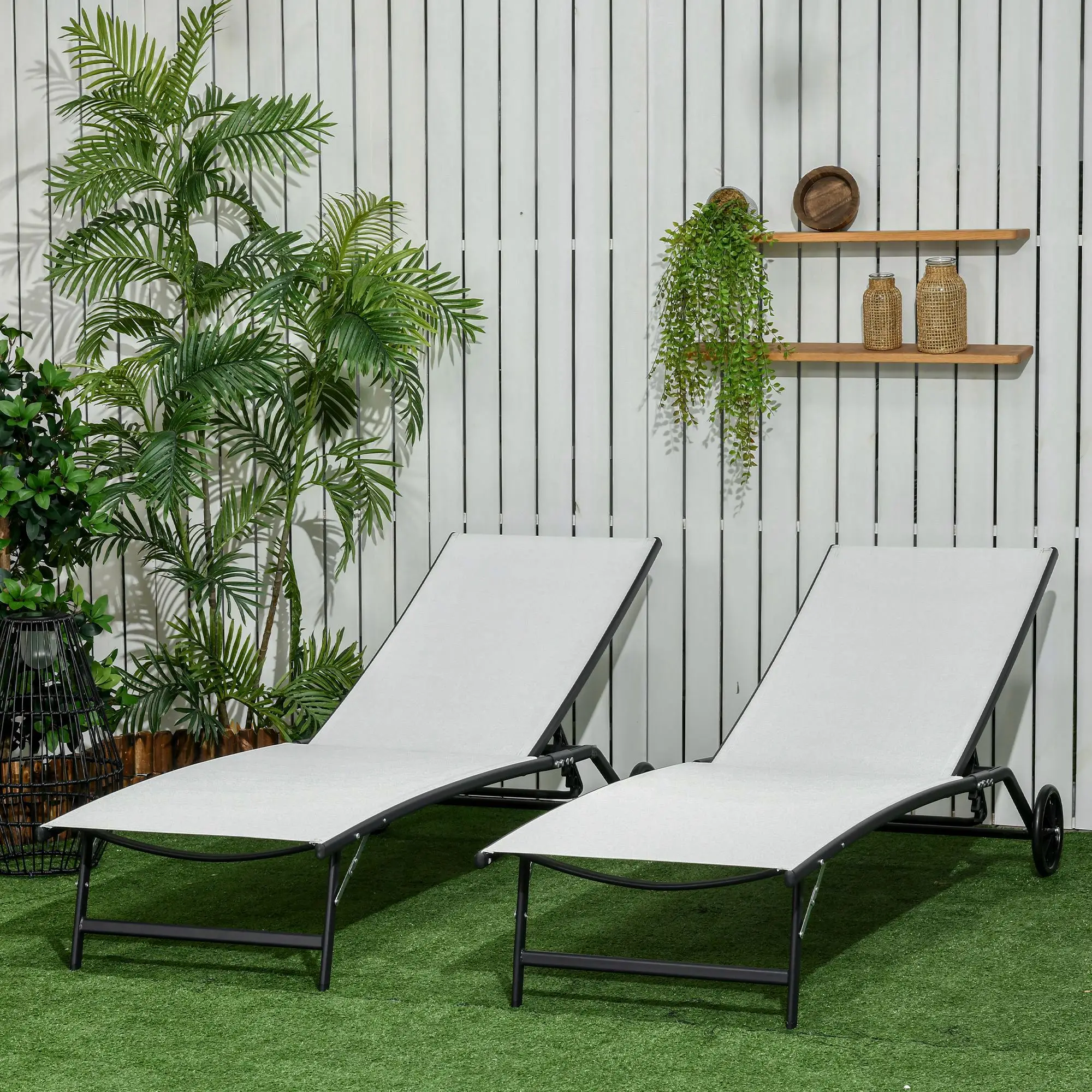 2PCs Lounge Chairs with Wheels, 5-Level Adjustable Backrest, White, White - Image 2