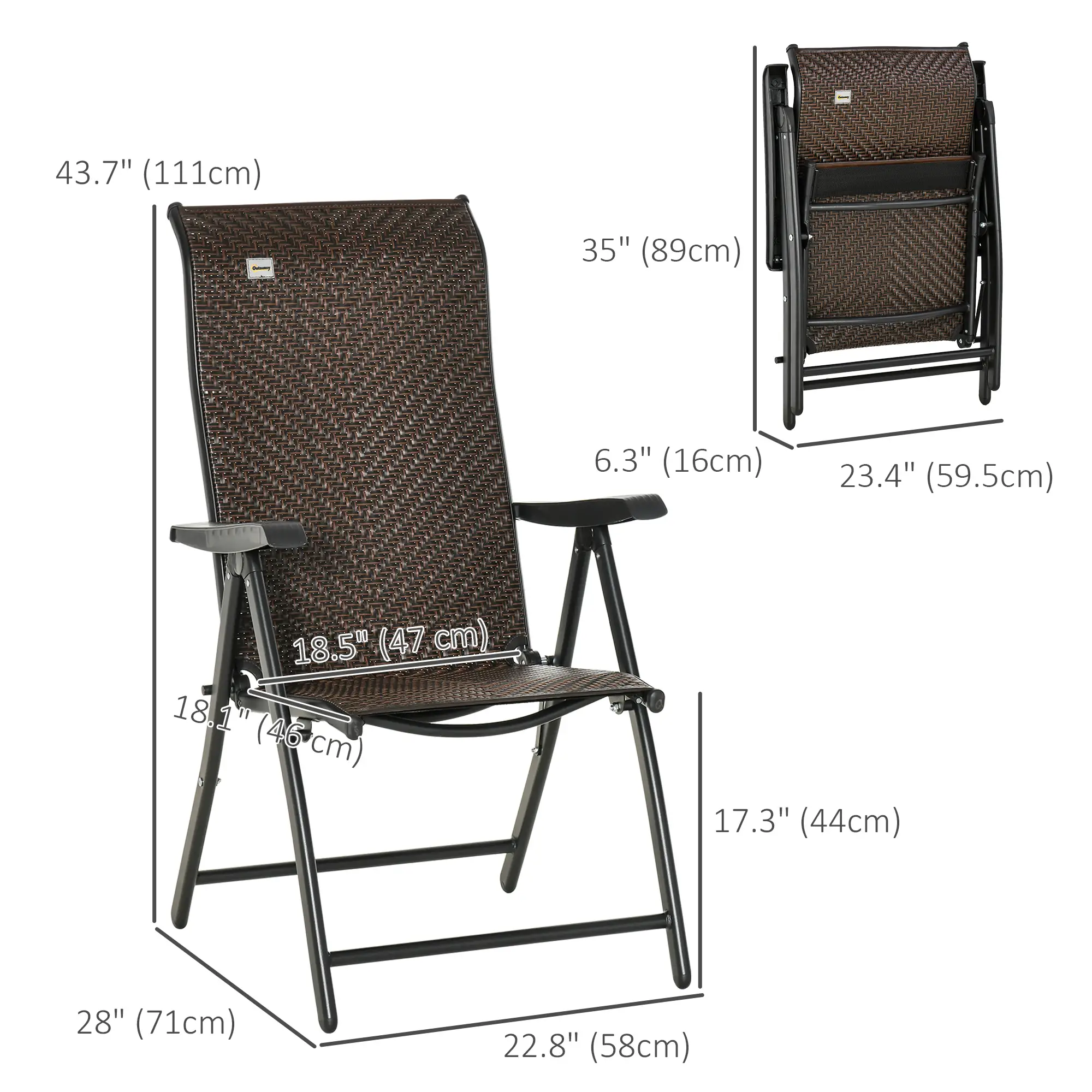 2PCs Outdoor Wicker Folding Chairs, Adjustable Backrest, Brown - Image 3